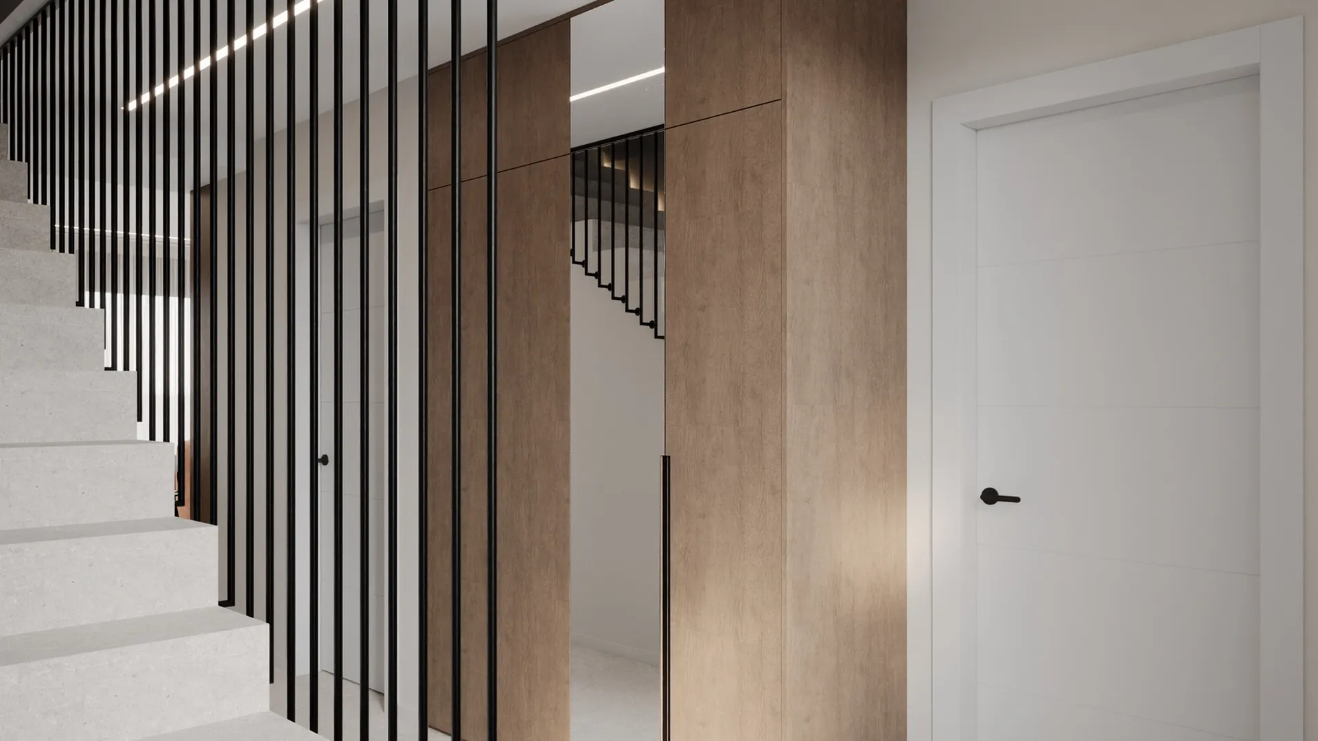 Entrance hall with a staircase and a screen of black metal fins, Esperado project, Valencia