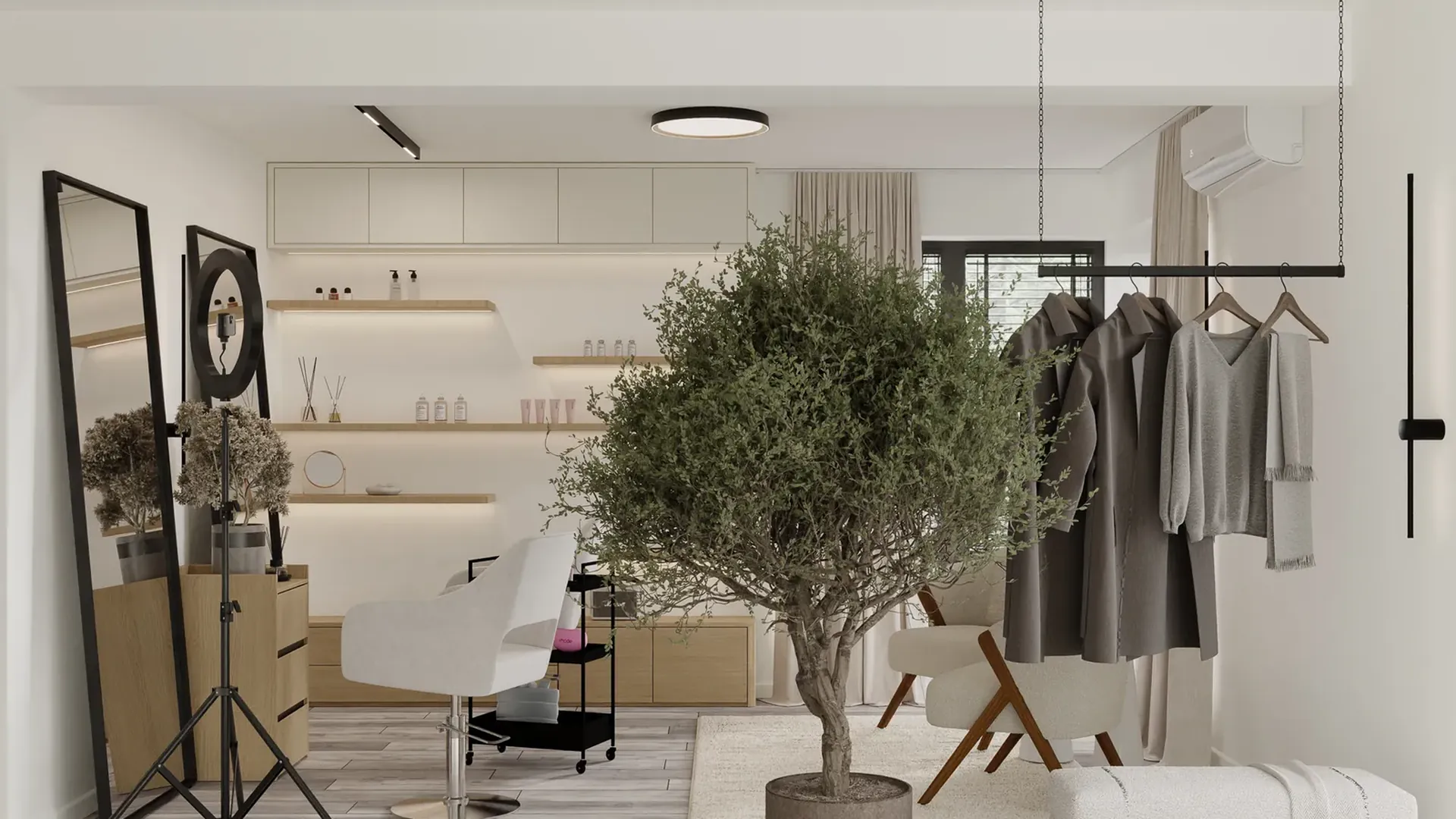 Beauty studio in white and pale wood, with a potted olive tree, Naranja project, Otopeni