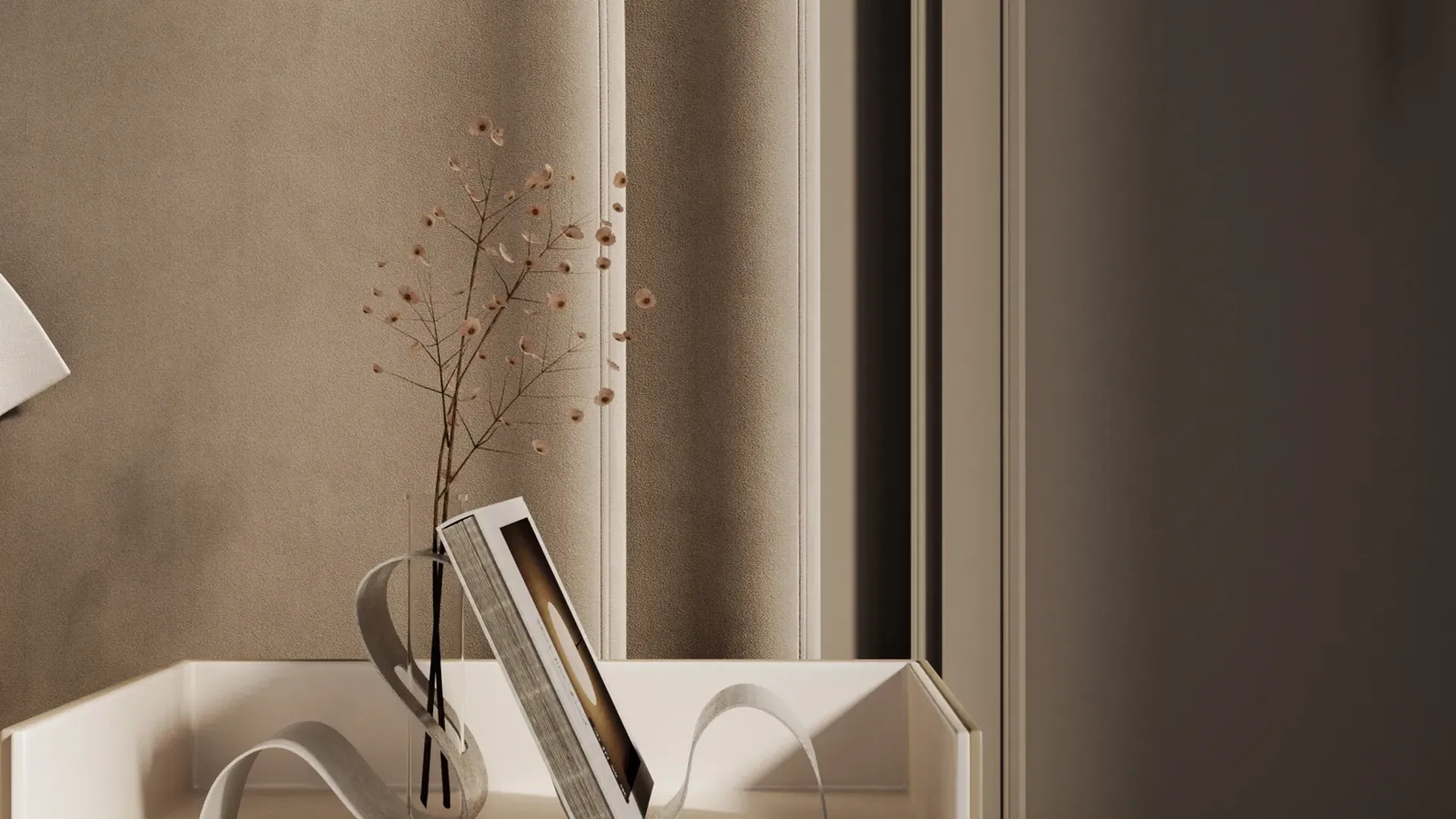 Detail of a sideboard with a vase and a book, against a cream upholstered wall, Cercada project, Chisinau
