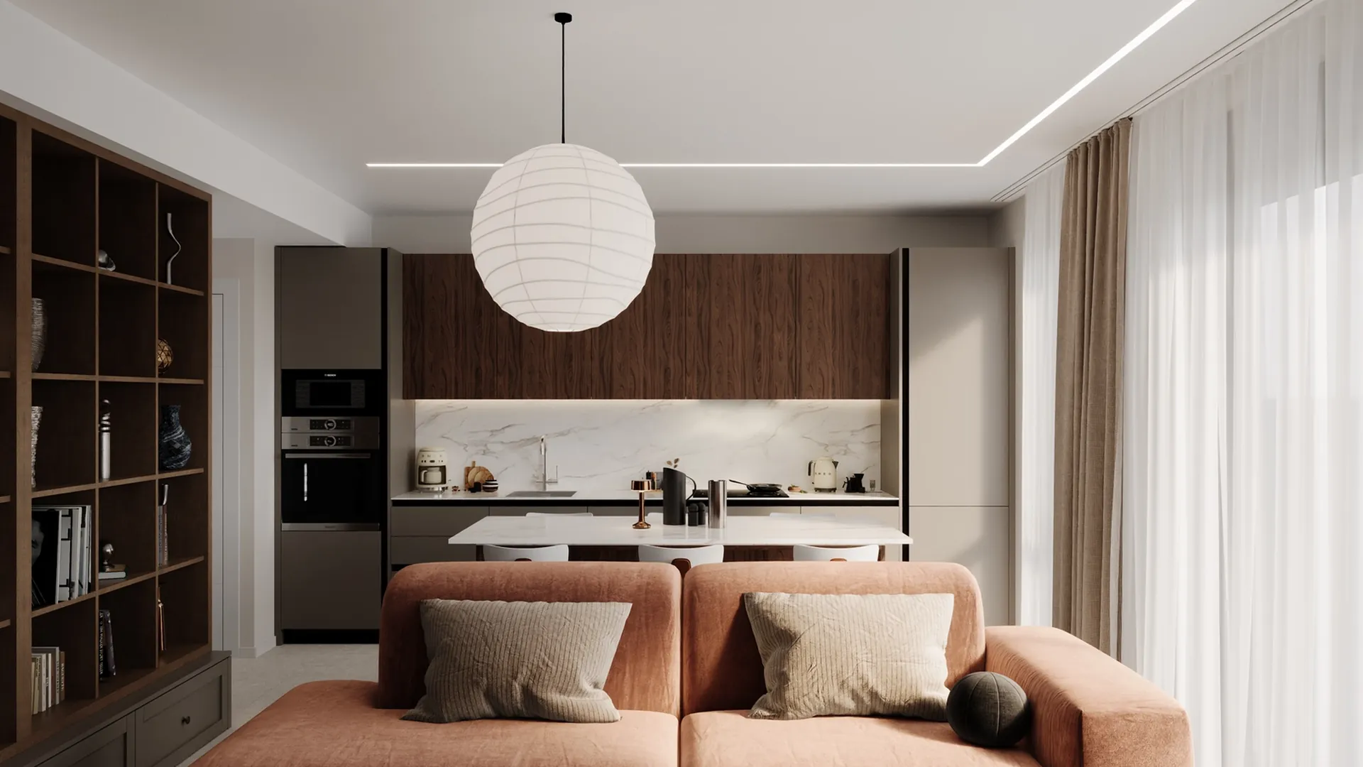 Eclectic interior with beige and burgundy accents, Esperado project, Valencia