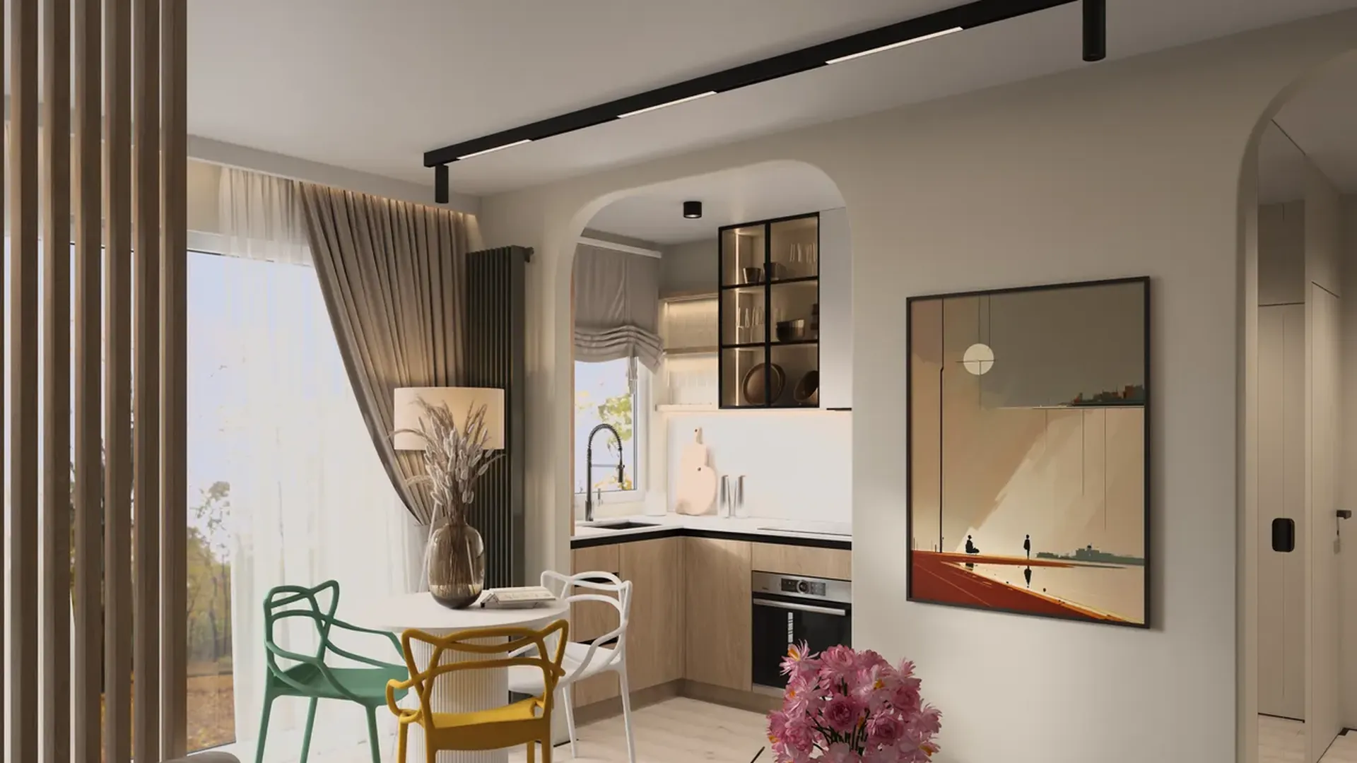 Kitchen with a round table and colourful chairs beside the window, Blando project, Paris