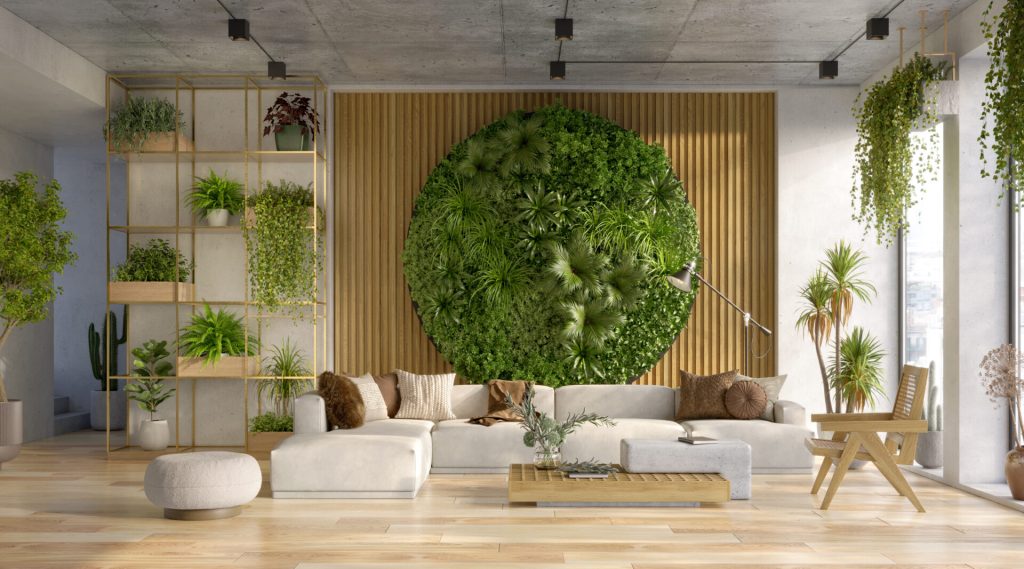 A modern living room with a green plant wall, neutral-colored furniture, and wooden accents. There are plants in various pots and shelves on the walls, creating a bright and natural atmosphere.
