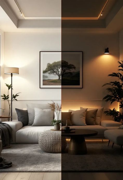 Interior view of a modern living room, divided in half with one side brightly lit by natural light and the other side softly illuminated by warm artificial lighting. The space features a comfortable sofa, decorative pillows, plants, artwork on the wall, and a cozy rug.