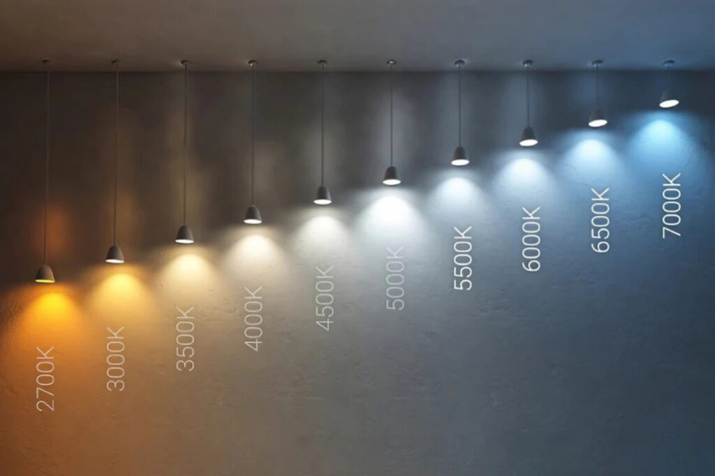 A series of pendant lights hanging from a ceiling, each labeled with different color temperatures ranging from 2700K to 7000K, showcasing a gradient from warm to cool white light.