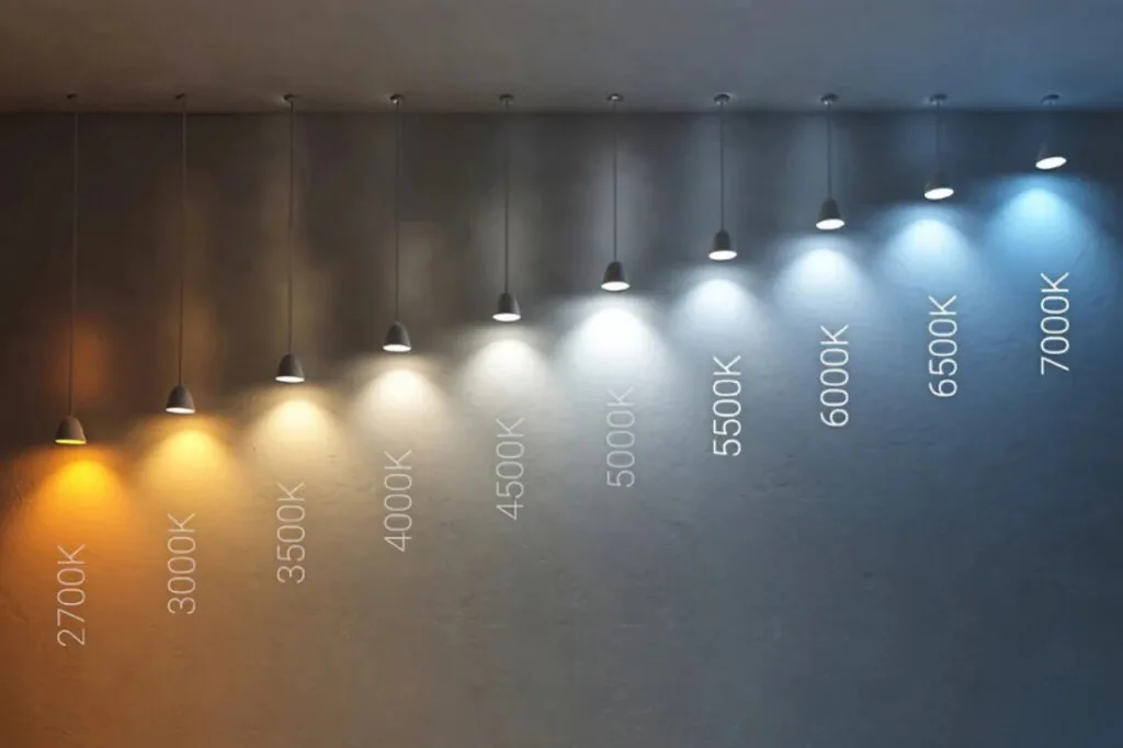 Pendant lights hanging from a ceiling, each labelled with a colour temperature from 2700K to 7000K