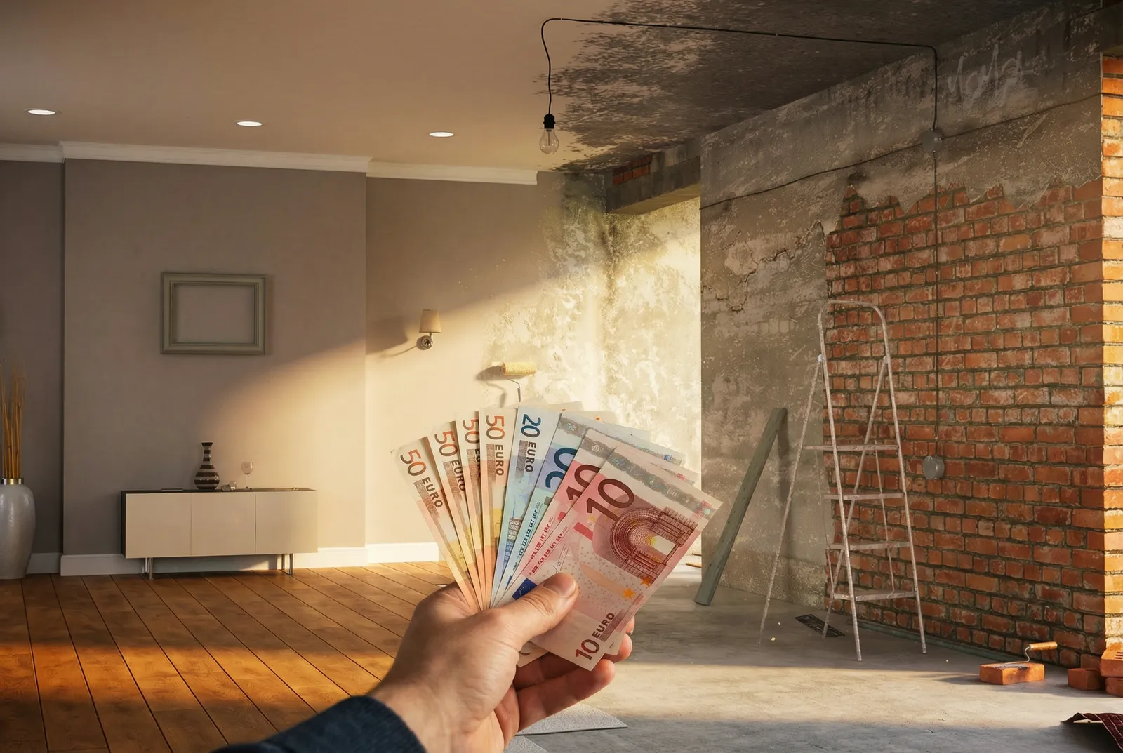 A hand holding various Euro banknotes in a partially renovated room with exposed brick and unfinished walls.