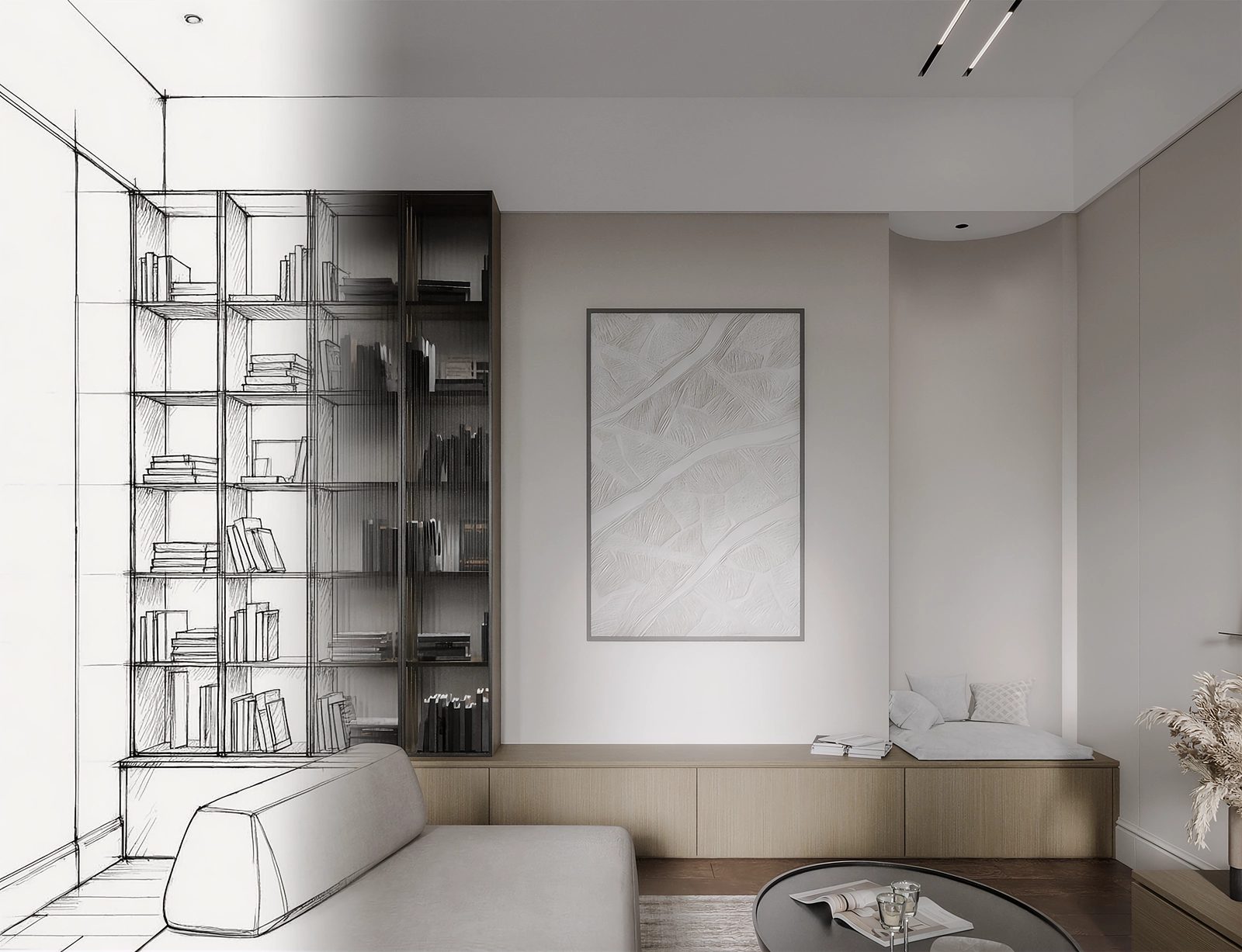 A living room render where the pencil sketch turns into the finished image, with furniture made to order