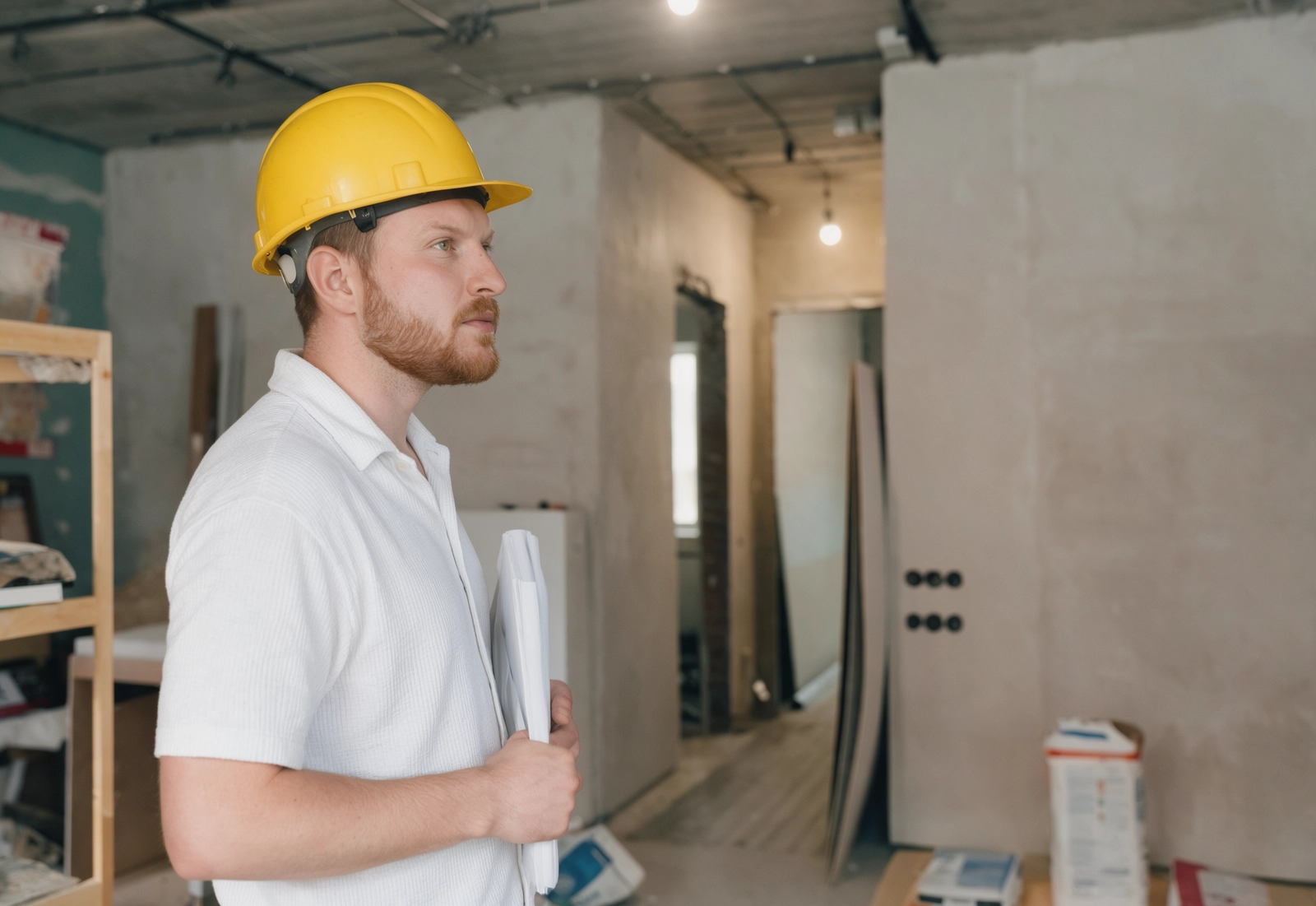 Author supervision in an apartment: the designer, in a hard hat and holding the drawings, checks the work on site.