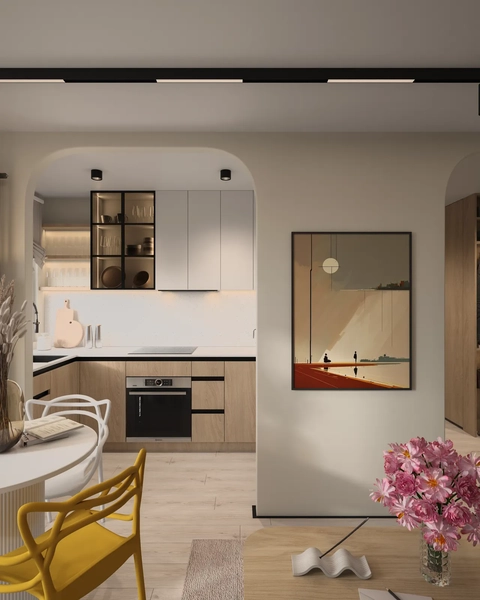 Living area with kitchen in cream and green, Blando project, a 35 m² apartment in Paris