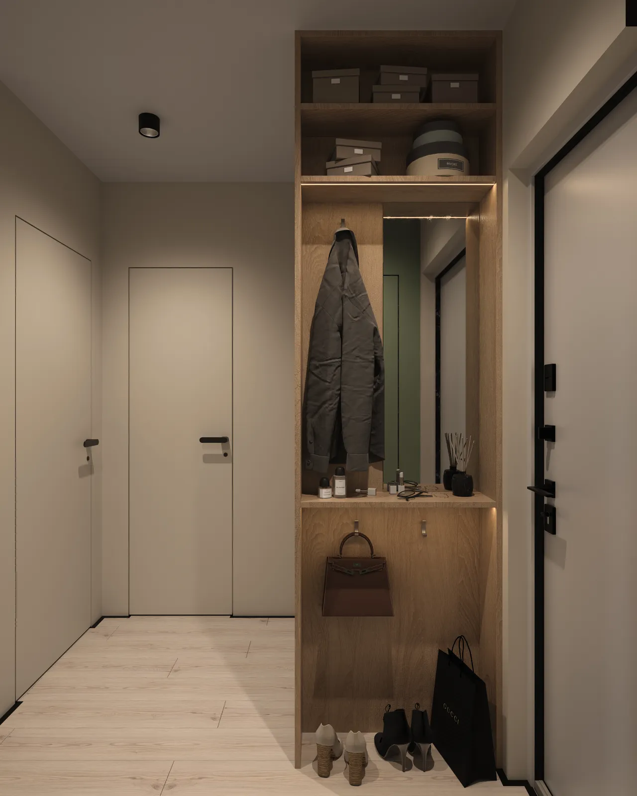 A modern hallway with light-colored walls, a wooden storage unit featuring shelves, a coat hanging on a hook, and various shoes on the floor. There are two doors visible, one leading deeper into the space and another to the exit. The lighting is soft and ambient.