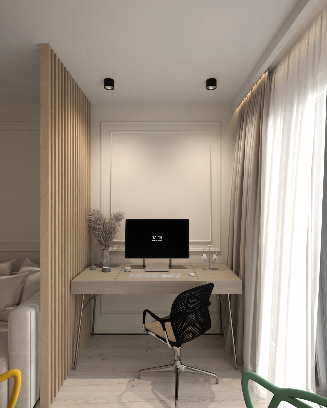 A modern, minimalistic home office with a wooden partition, an elegant desk featuring a computer monitor, and a black office chair. Large windows with sheer curtains allow natural light to brighten the space.