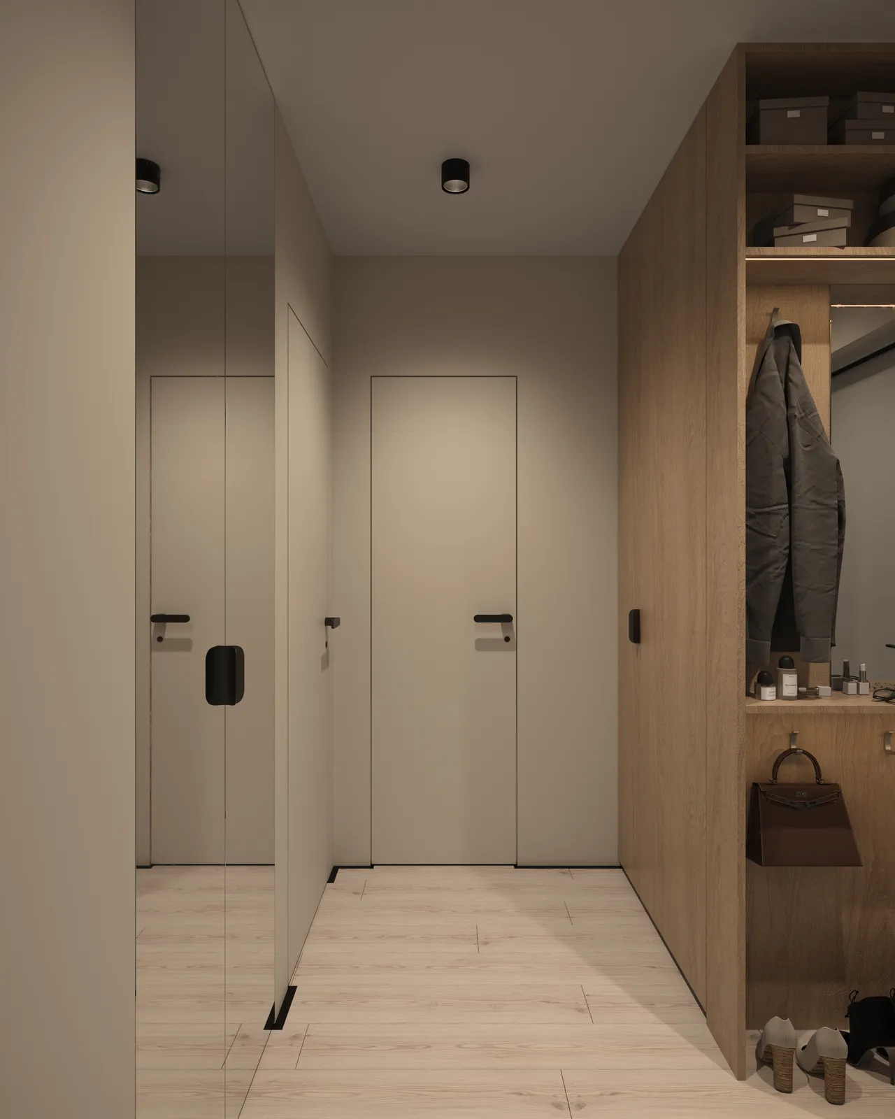 A modern hallway showing a wooden wall with a coat hanging, a closed door, and mirrored panels reflecting the space. The flooring is light-colored tiles.