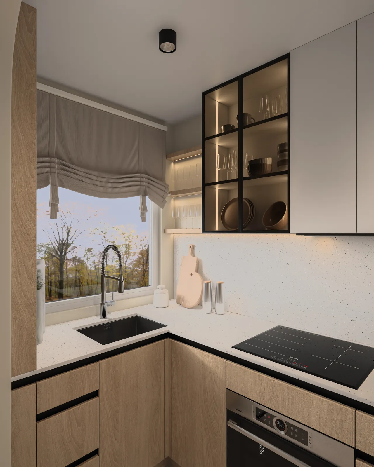 A modern kitchen featuring a sink, stove, and stylish cabinetry with a window showcasing an outdoor view.