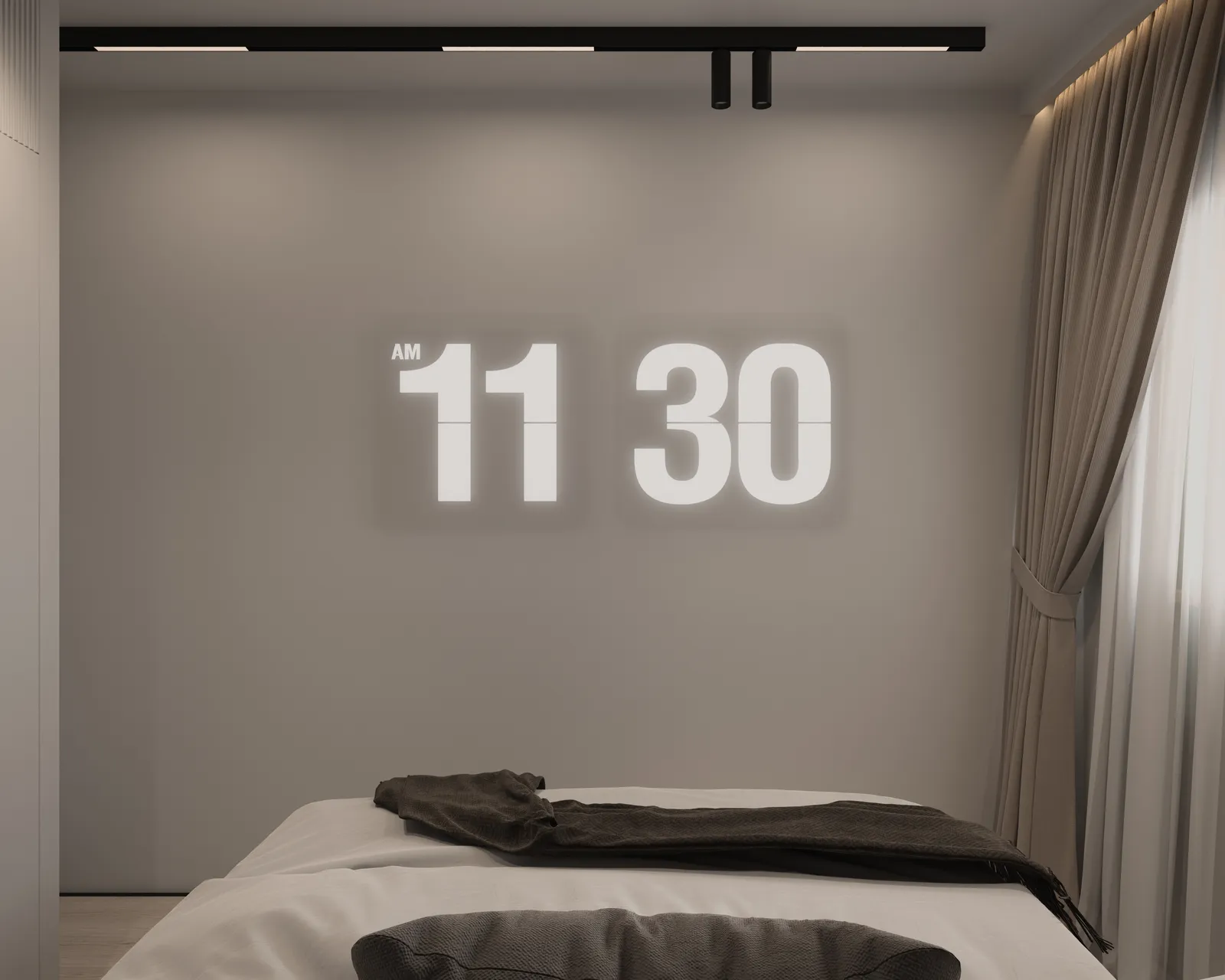 A minimalist bedroom with a large digital clock on the wall displaying 11:30 AM. The bed is unmade, and there are curtains partially drawn.