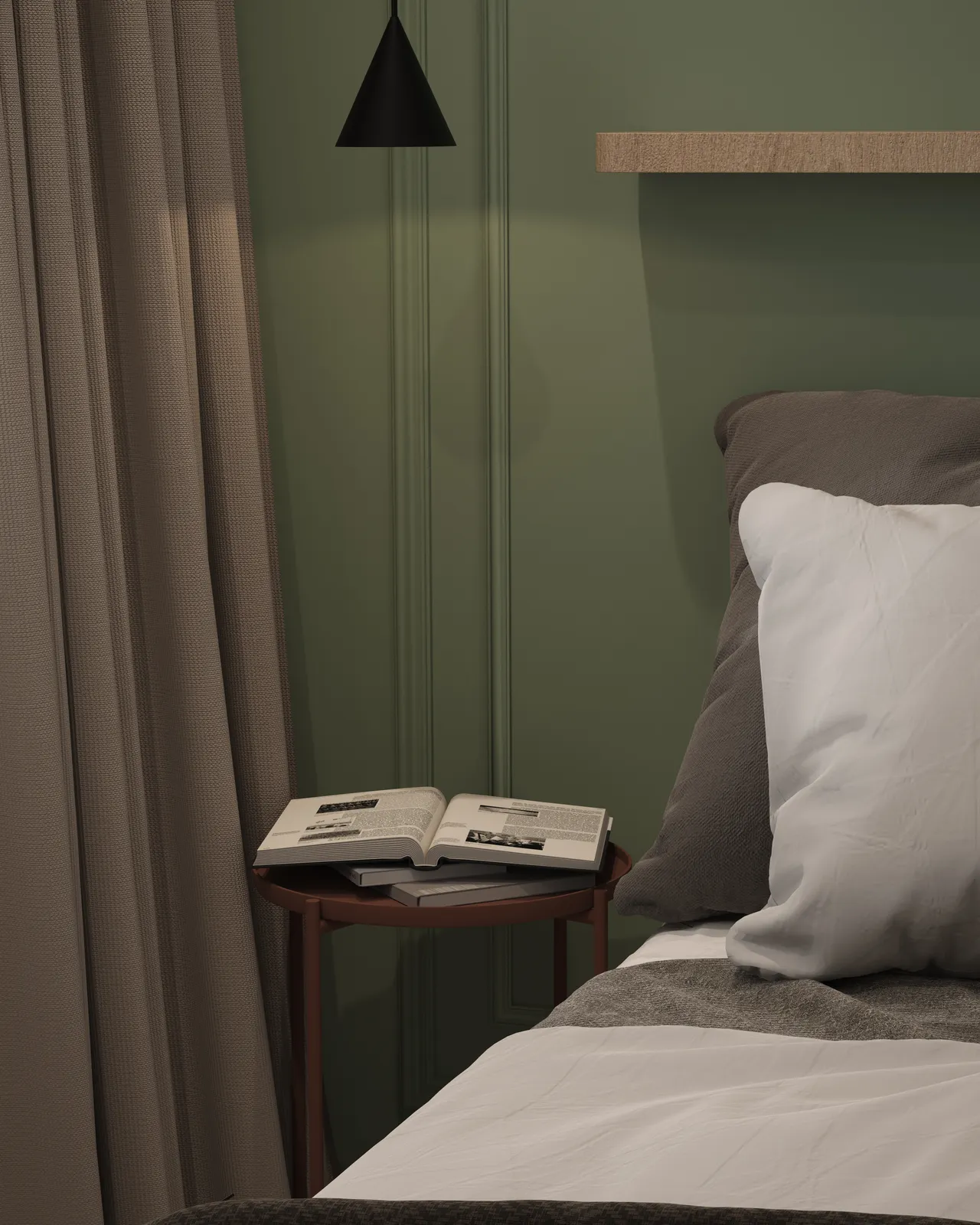 A cozy bedroom corner featuring a bed with gray and white pillows, a small round side table with an open book, and a pendant light hanging from the wall. The walls are painted green, and there are curtains in the background.