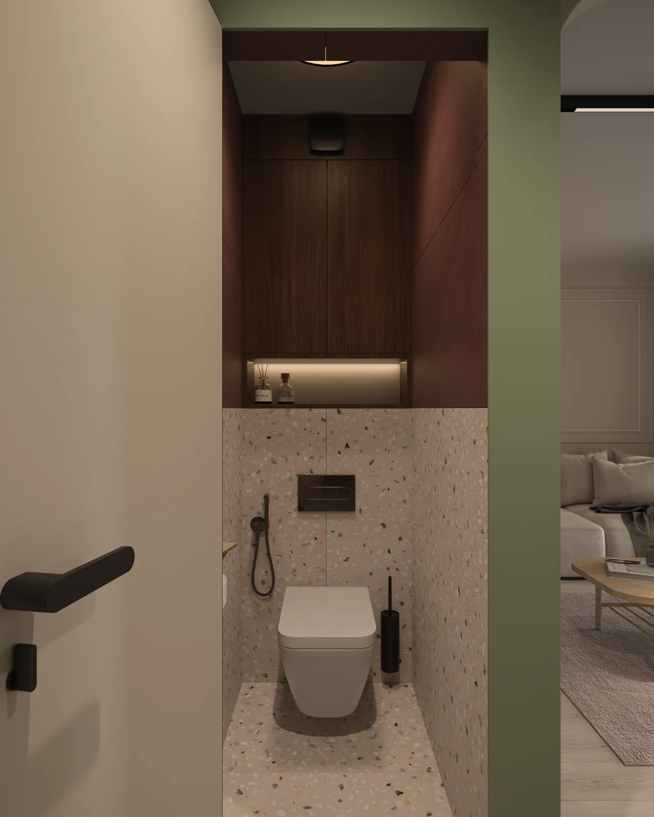Small modern bathroom with a toilet, featuring beige speckled walls and dark wood accents, visible from an open door.