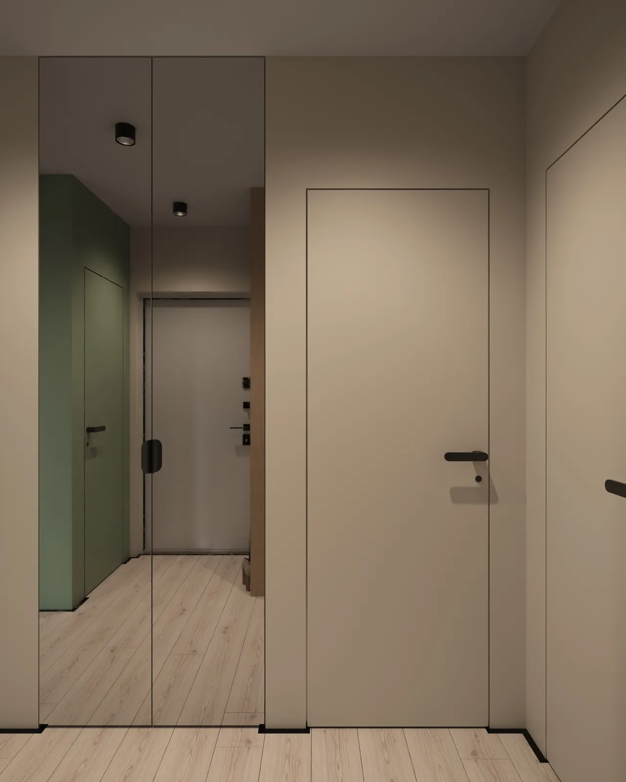 A modern hallway with mirrored closet doors, light wooden flooring, and beige walls. There are two doors visible: one plain and one with a green accent wall in the background.