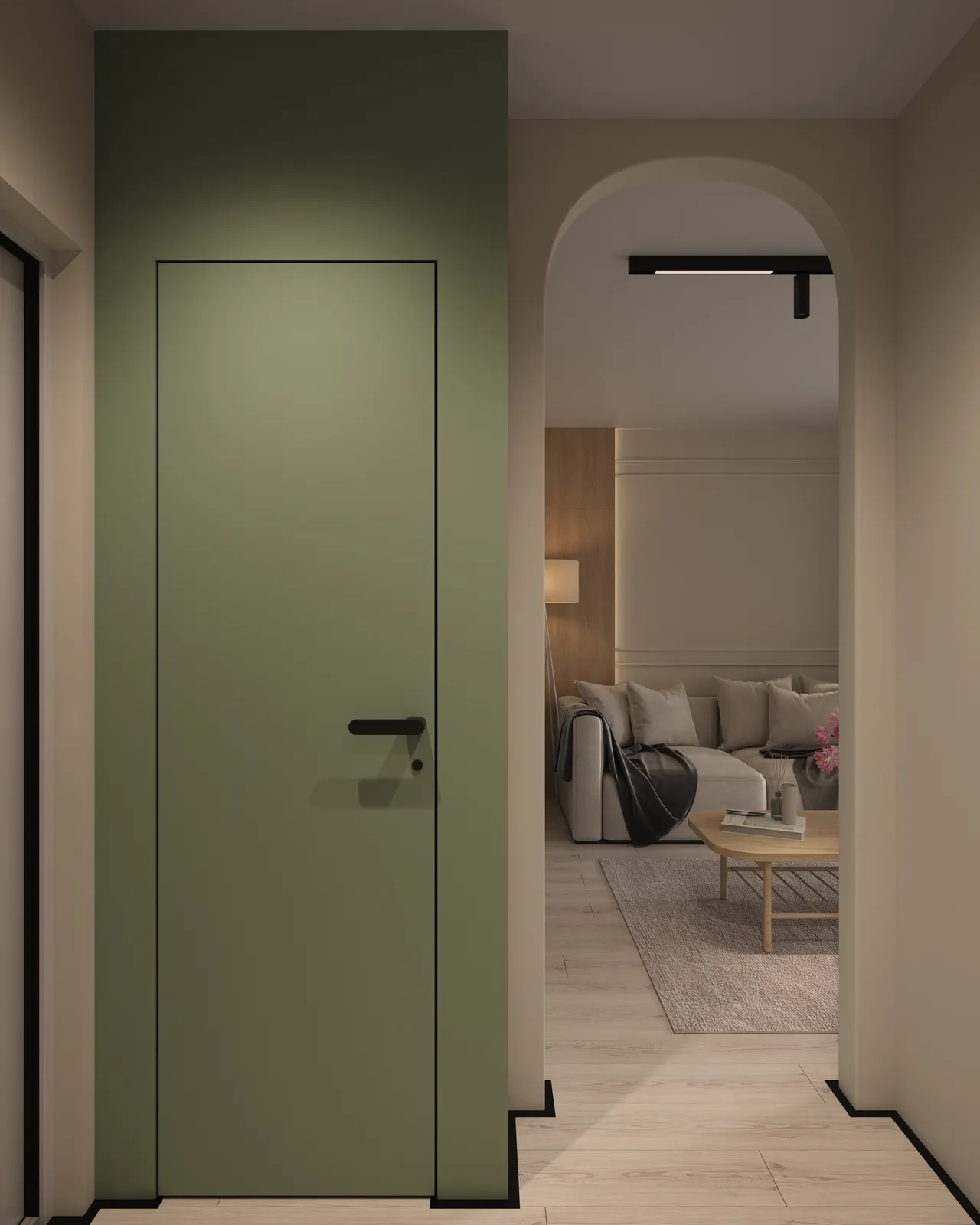 A green door set in a wall, leading into a softly lit room with a beige and cream color palette, featuring a living area with a sofa and coffee table visible in the background.
