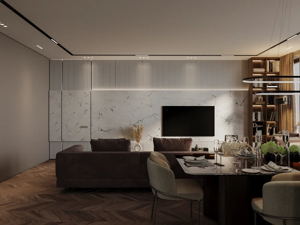 Open plan living room and kitchen, Cercada project, a 148 m² penthouse apartment in Chisinau