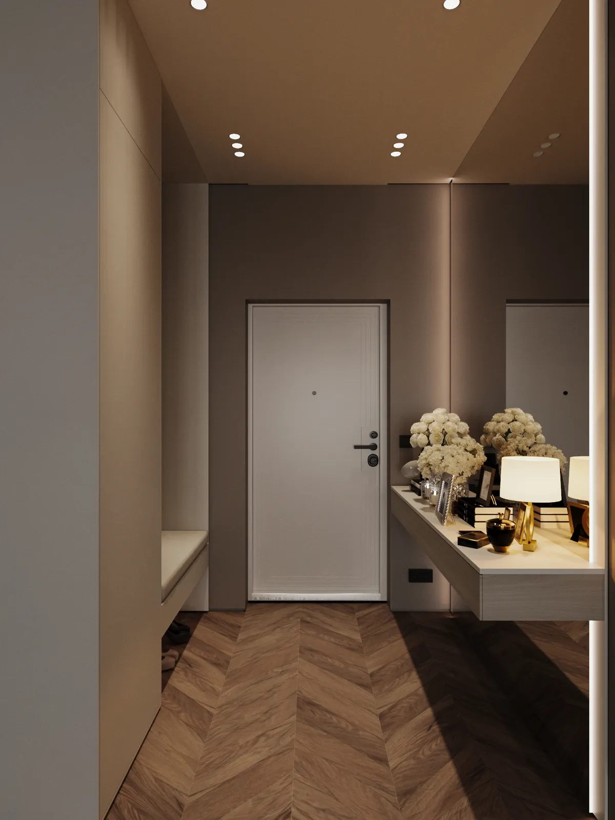 A modern entryway with herringbone wood flooring, a white door, a built-in bench, and a console table decorated with lamps, flowers, and decorative items.