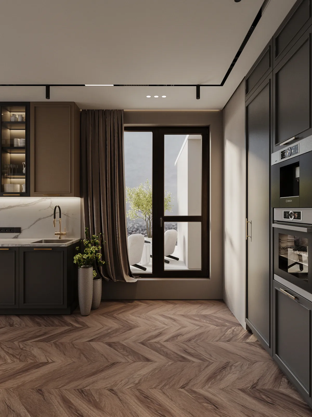 Modern kitchen interior featuring dark cabinetry, marble backsplash, and a prominent brown chevron wood floor leading toward a large window overlooking a balcony.