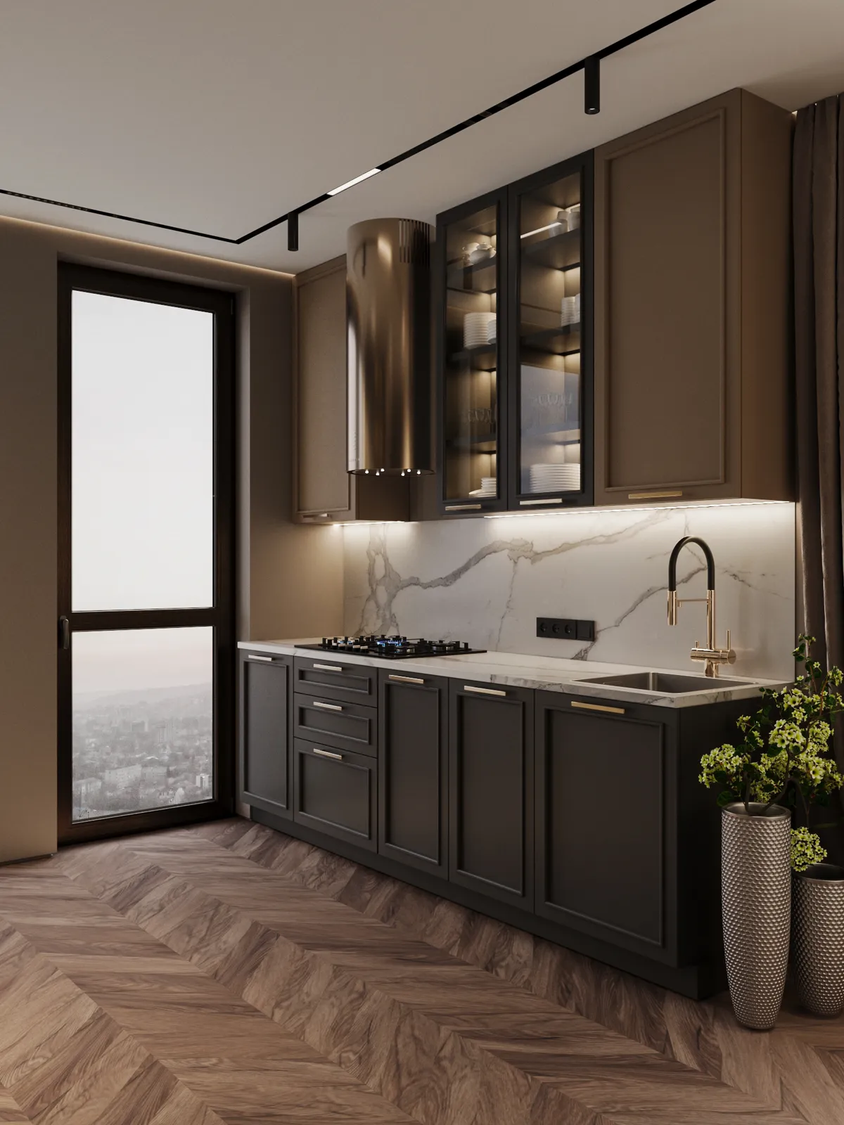 Modern kitchen featuring dark cabinetry, a white marble backsplash, a cylindrical stainless steel range hood, and chevron wood flooring next to a large window overlooking a city.