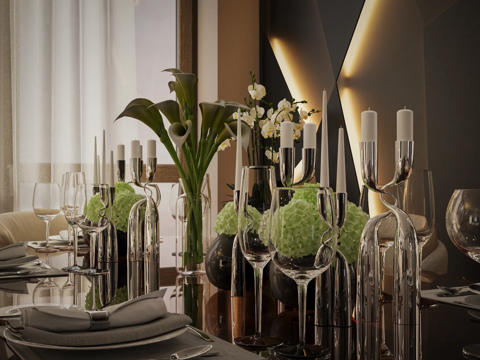 A formal dining table set with polished silverware, crystal glassware, white candles in modern silver holders, dark calla lilies, and lime green hydrangeas against a backdrop of ambient geometric lighting.