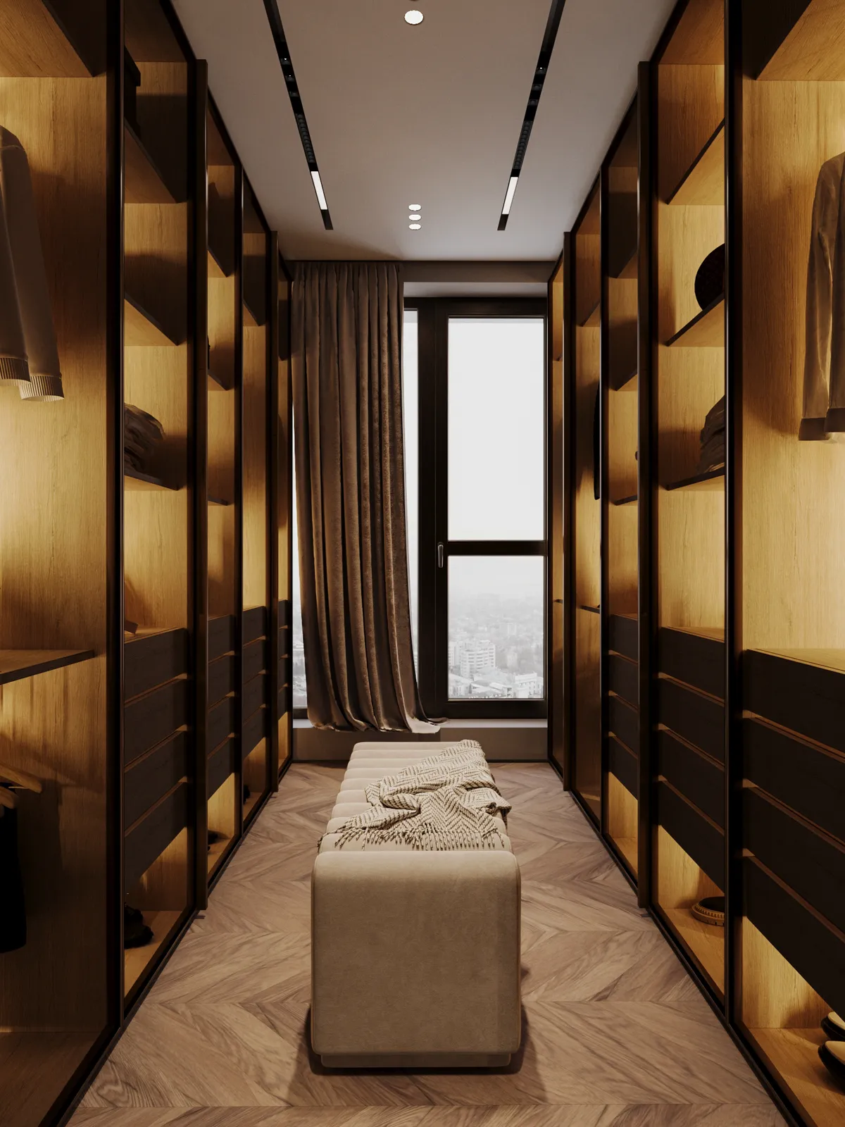 Sleek walk-in closet with wooden shelves, warm lighting, and a cushioned bench with a draped blanket. A large window reveals an overcast city view.