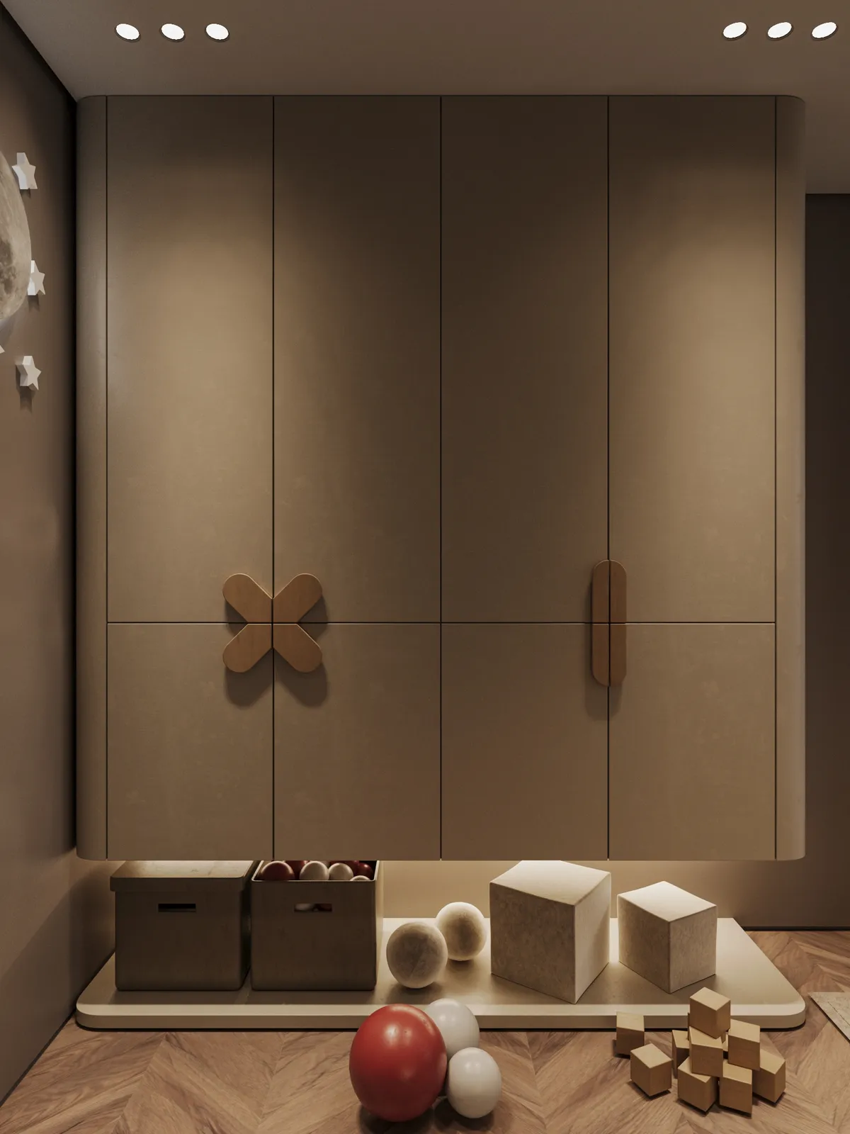 Minimalist children's room with a brown wardrobe featuring geometric handles. Toys and blocks are scattered on the herringbone floor, creating a cozy vibe.