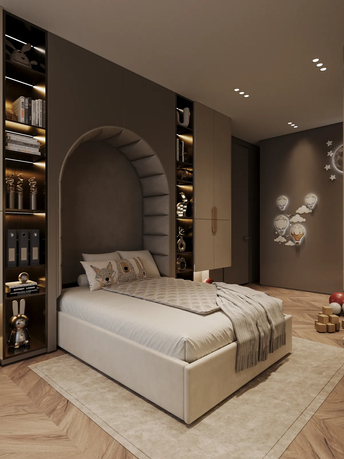 Cozy bedroom with a neutral palette, featuring a bed with plush pillows, built-in shelves, and soft lighting. Walls adorned with whimsical cloud and star decorations.