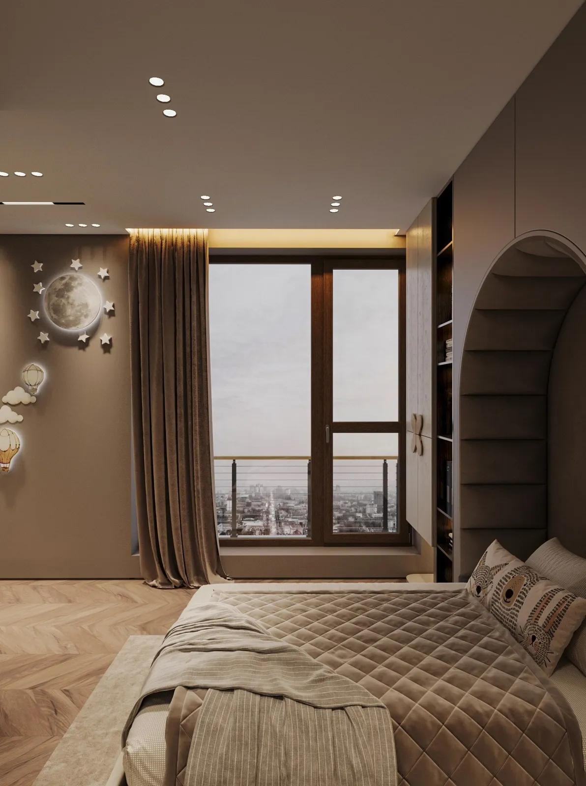 Modern bedroom with neutral tones, featuring a quilted bed, patterned pillows, large window with city view, crescent moon wall art, and soft lighting.
