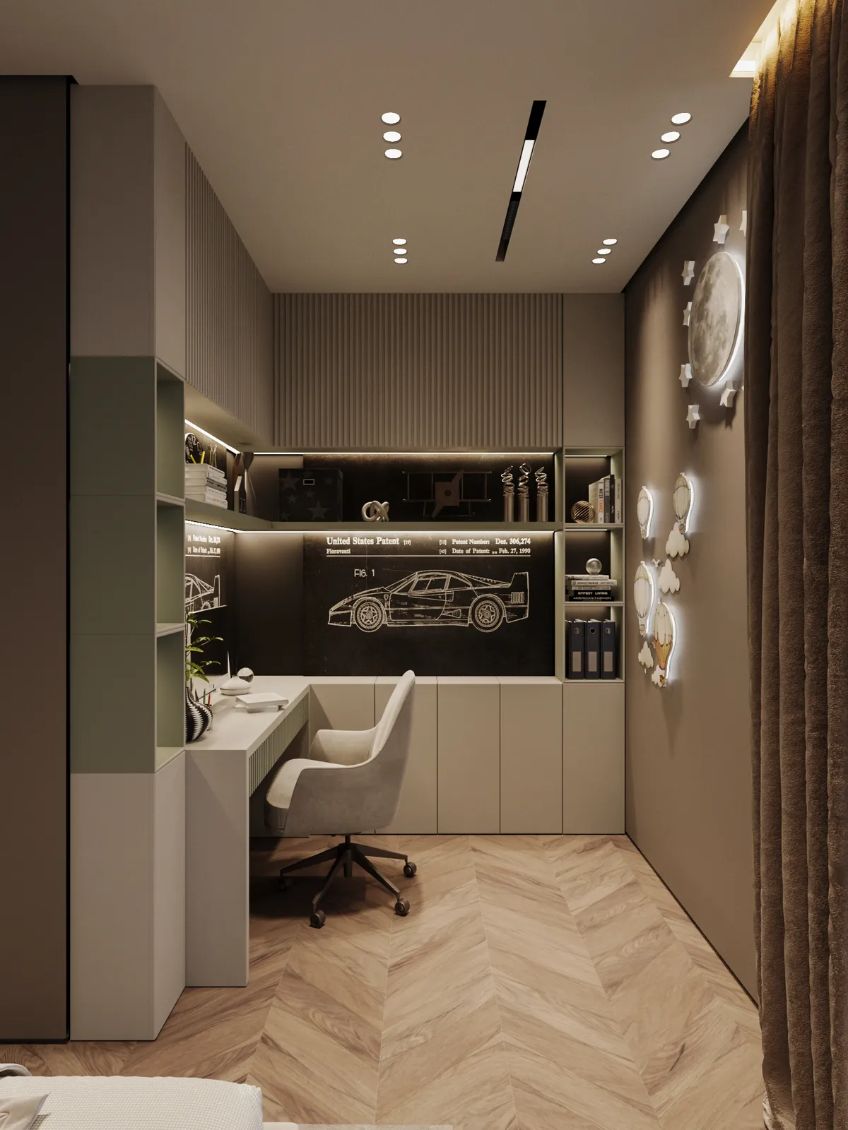 Modern home office with a sleek desk and chair, shelves with decorative items, and a chalkboard featuring a car blueprint. Soft lighting creates a cozy atmosphere.