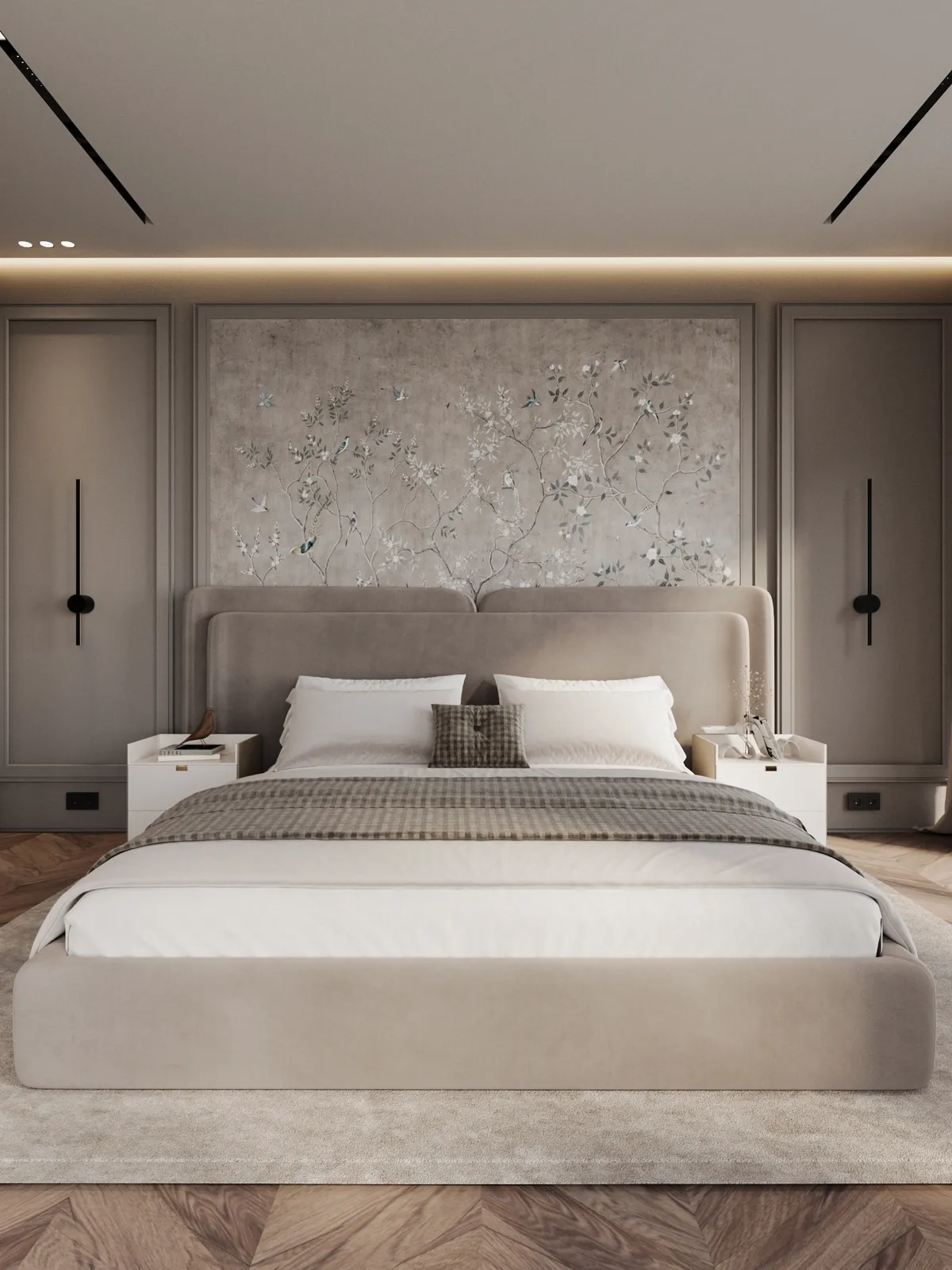 Elegant bedroom with a plush beige bed, soft lighting, and floral wall art. Symmetrical nightstands and a cozy, serene ambiance complete the design.
