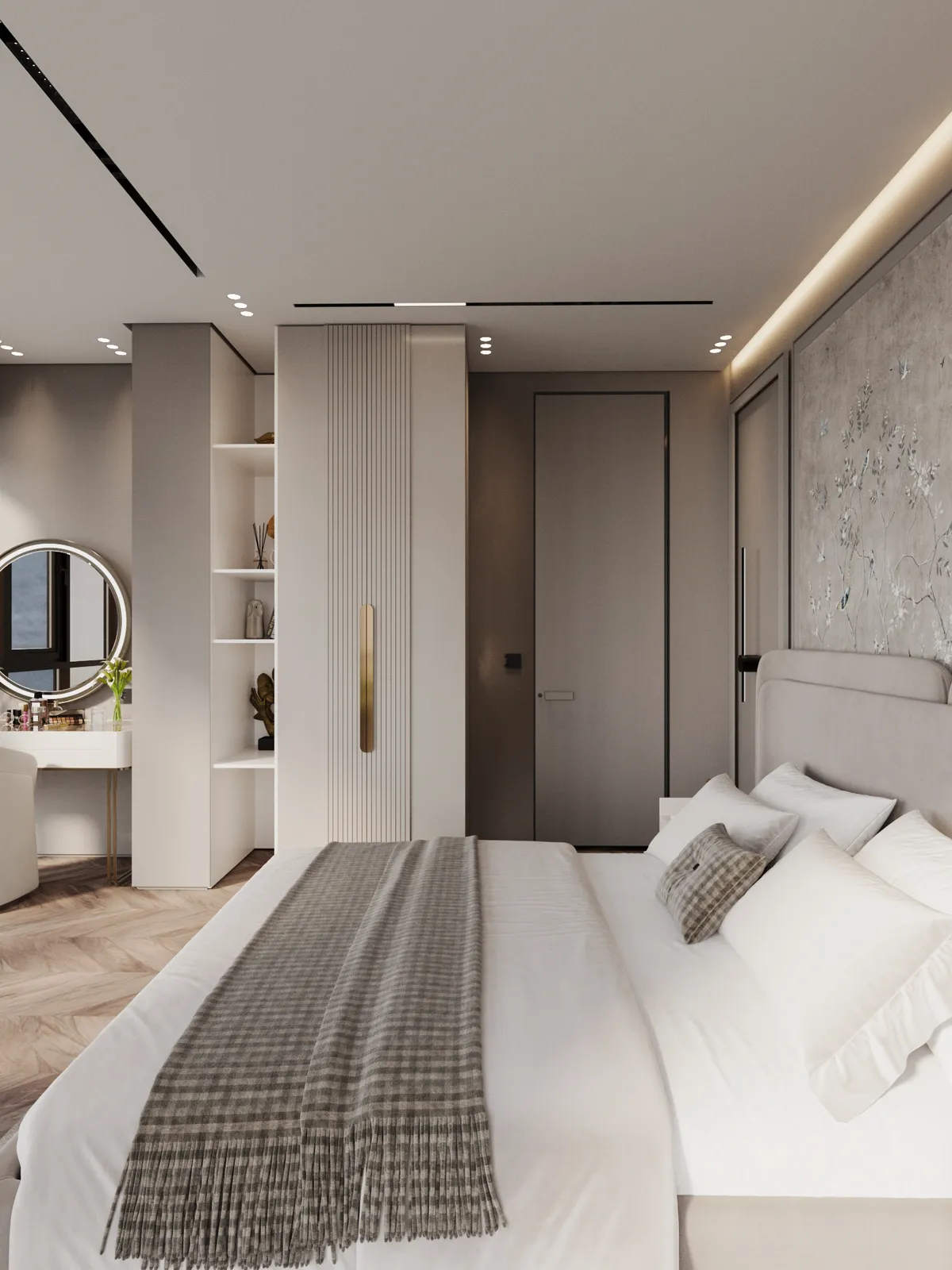 A modern bedroom features a plush bed with white bedding and a grey checked throw. A round mirror and plants adorn a vanity, creating an elegant ambiance.