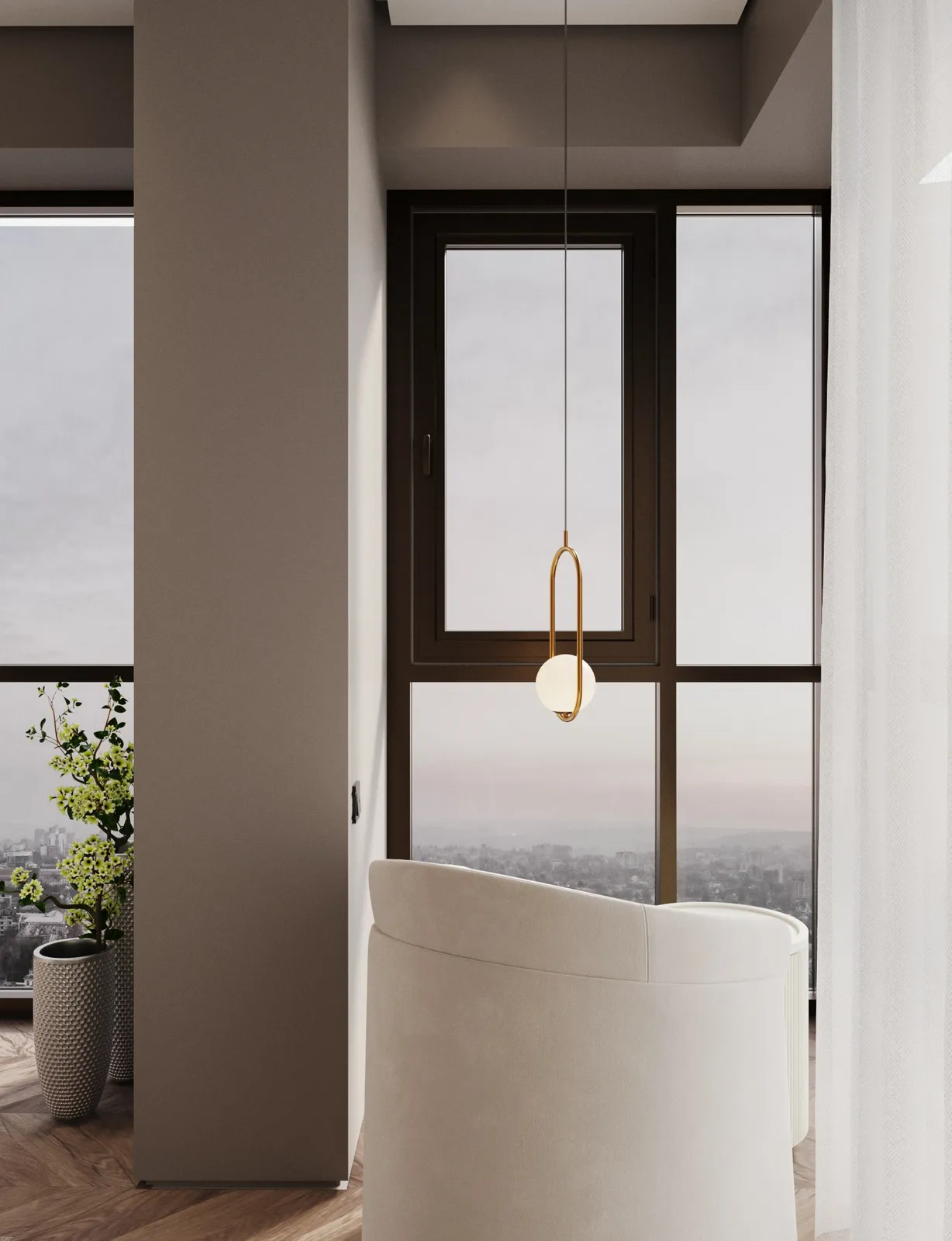 A serene interior features a modern pendant light, large window with a city view, beige walls, a white armchair, and a plant, creating a calm ambiance.