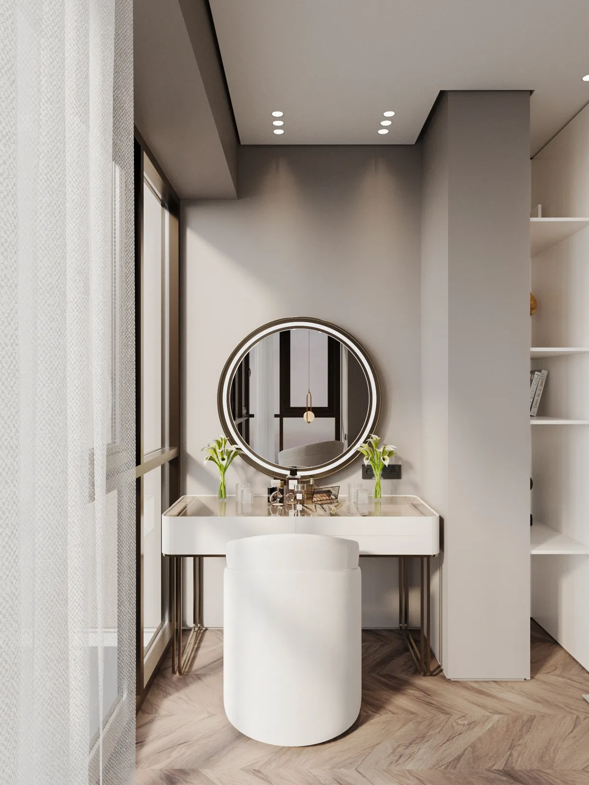 Vanity corner with round mirror, modern white stool, and minimalistic decor. Bright window light, fresh lilies, and soft wood tones create a serene atmosphere.