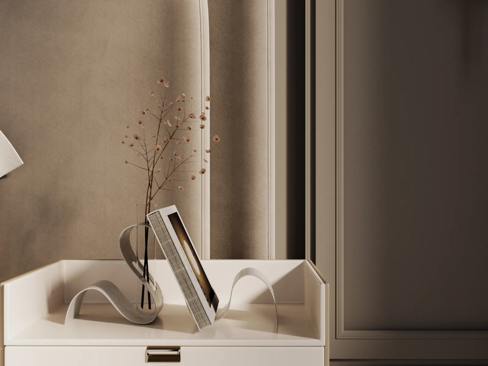 Minimalist scene with a book resting on its edge, supported by a curled metallic ribbon. A delicate branch with small buds emerges from a vase, adding elegance.