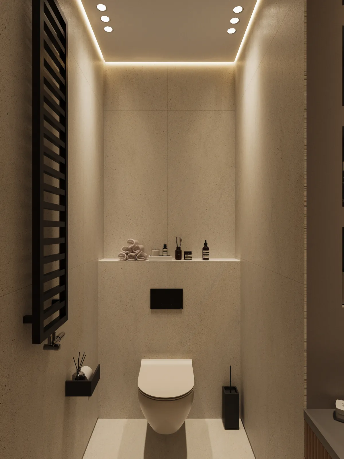 Minimalist bathroom with soft lighting, beige walls, wall-mounted toilet, and toiletries on a ledge. Modern black heated towel rail on the left.