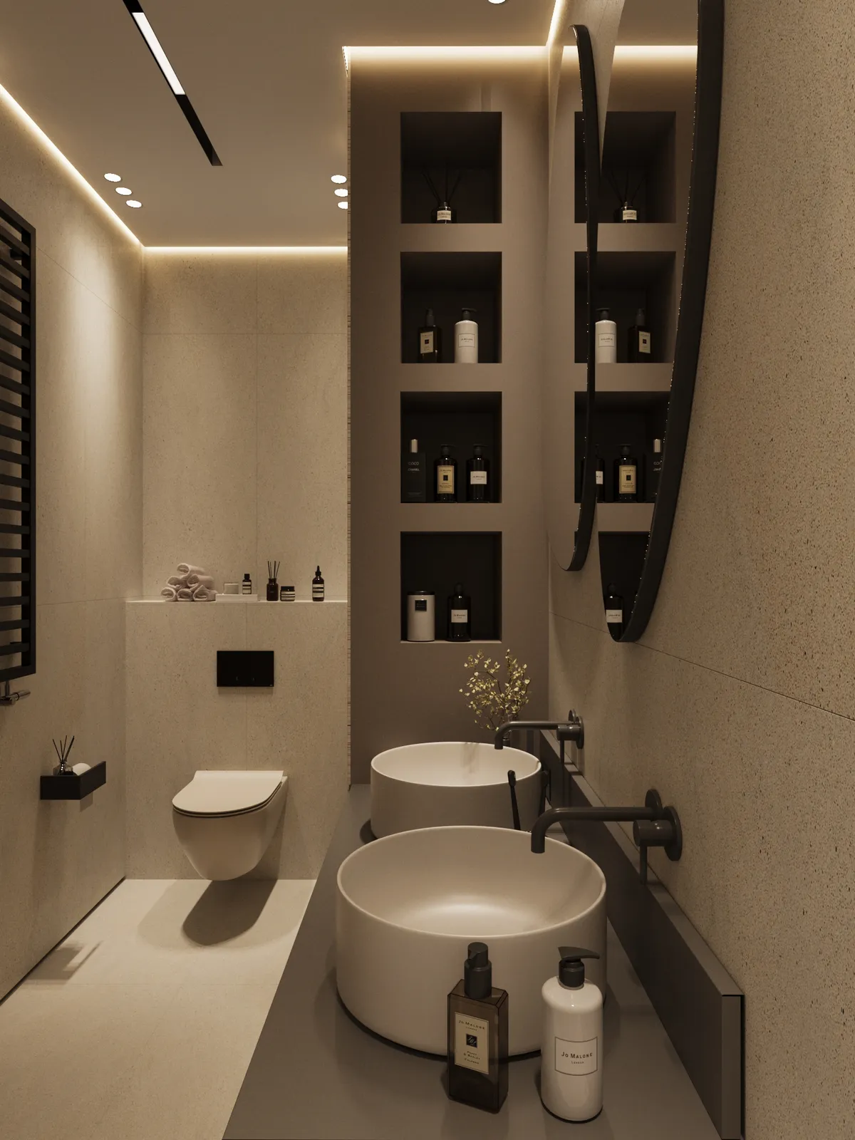 Modern bathroom with warm lighting, featuring two round vessel sinks, a tall mirror, floating toilet, and recessed shelves with toiletries. Sleek, minimal design.