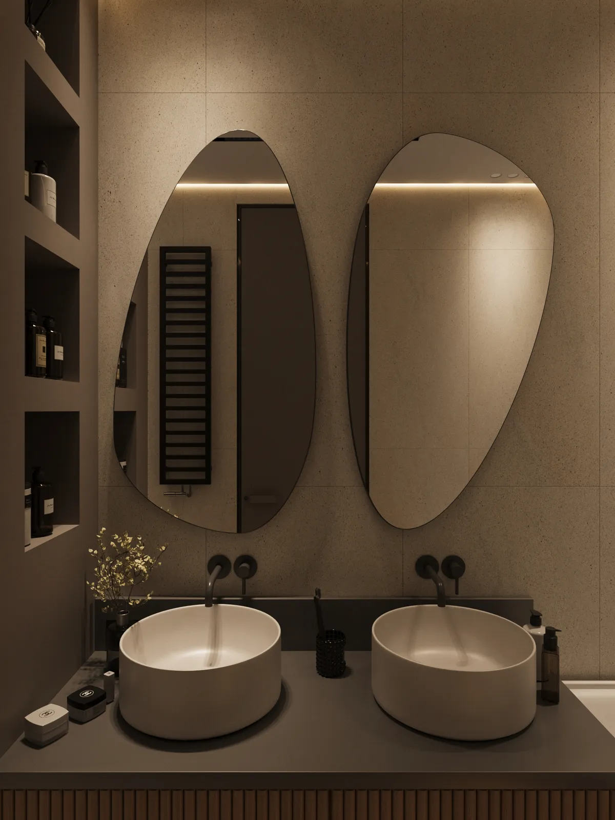 Modern bathroom features two oval mirrors above round sinks on a gray countertop. Soft lighting, minimalist decor, and neutral tones create a serene ambiance.