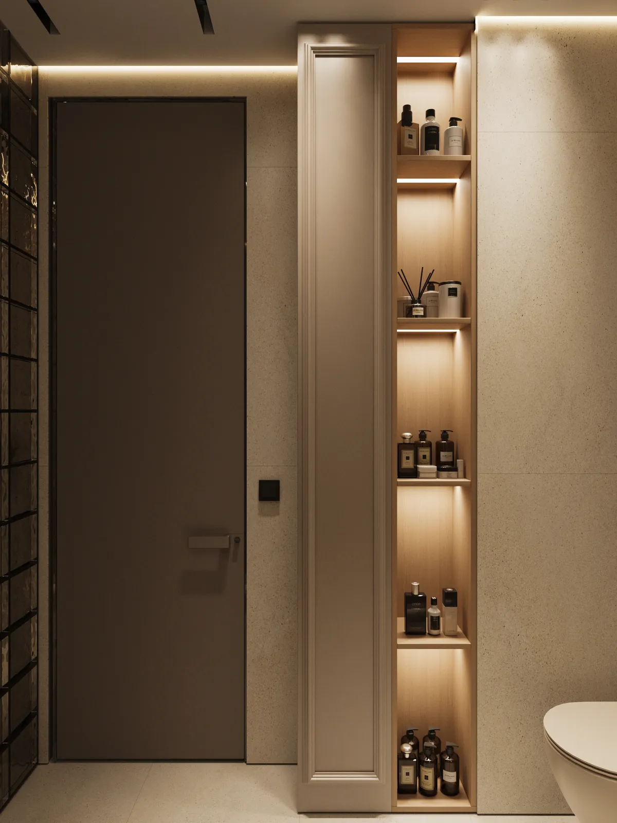 Modern bathroom with minimalist design. Features a sleek door, slim shelving with ambient lighting, and neatly arranged toiletries, evoking tranquility.