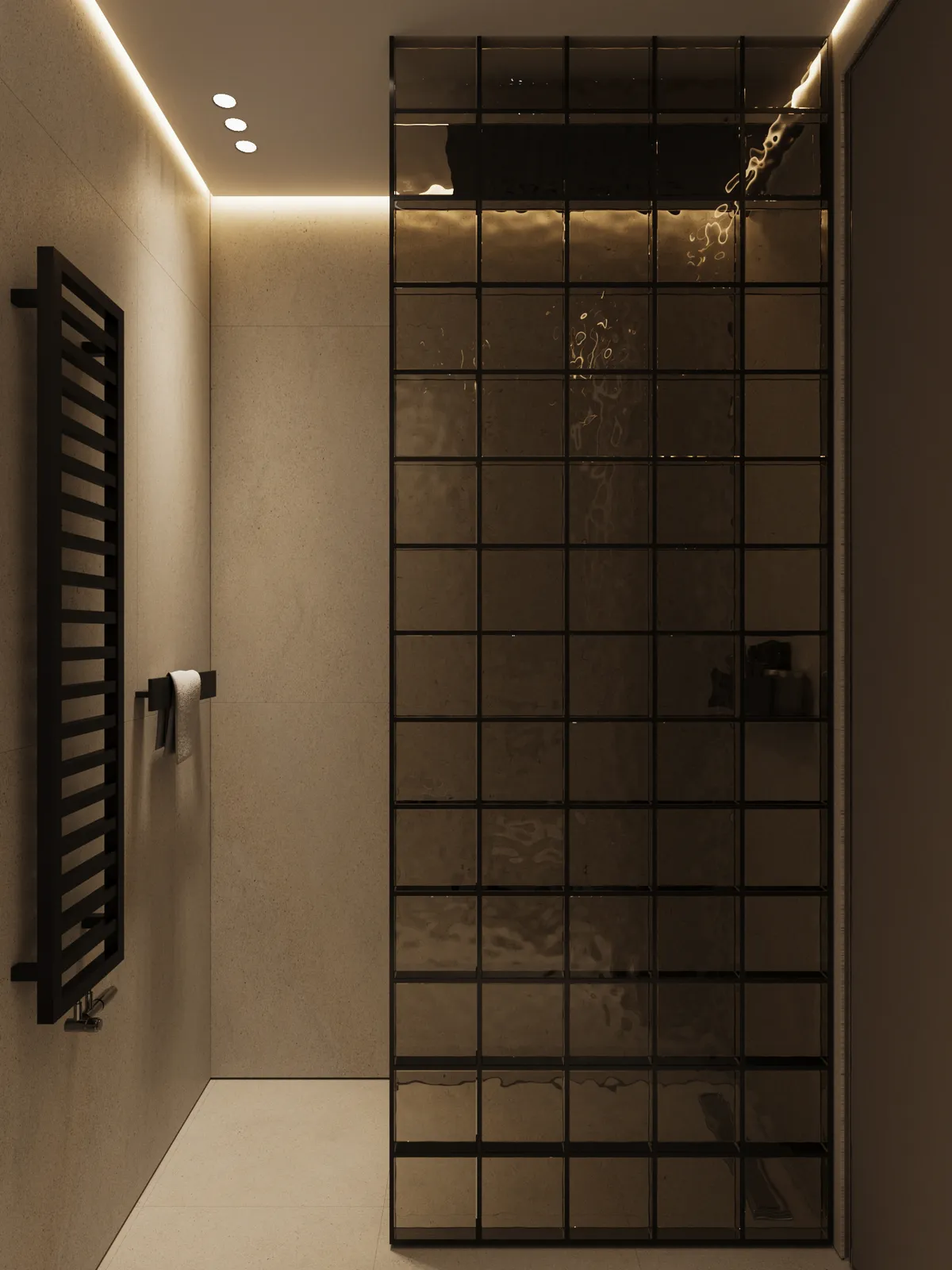 Modern bathroom featuring a grid-patterned glass shower, soft ambient lighting, black towel rack, and beige walls. The design conveys elegance and calm.