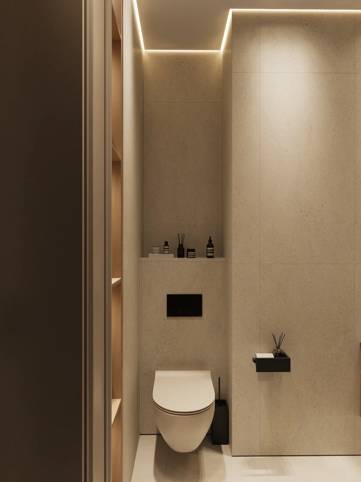 Modern bathroom with a minimalist design, featuring a floating toilet against beige tiles. Soft lighting highlights shelving with toiletries, creating a serene atmosphere.