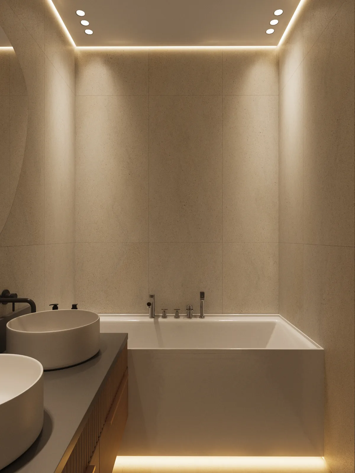 Minimalist bathroom with warm, soft lighting. Features a central rectangular bathtub with sleek fixtures, two vessel sinks, and a calm, luxurious tone.
