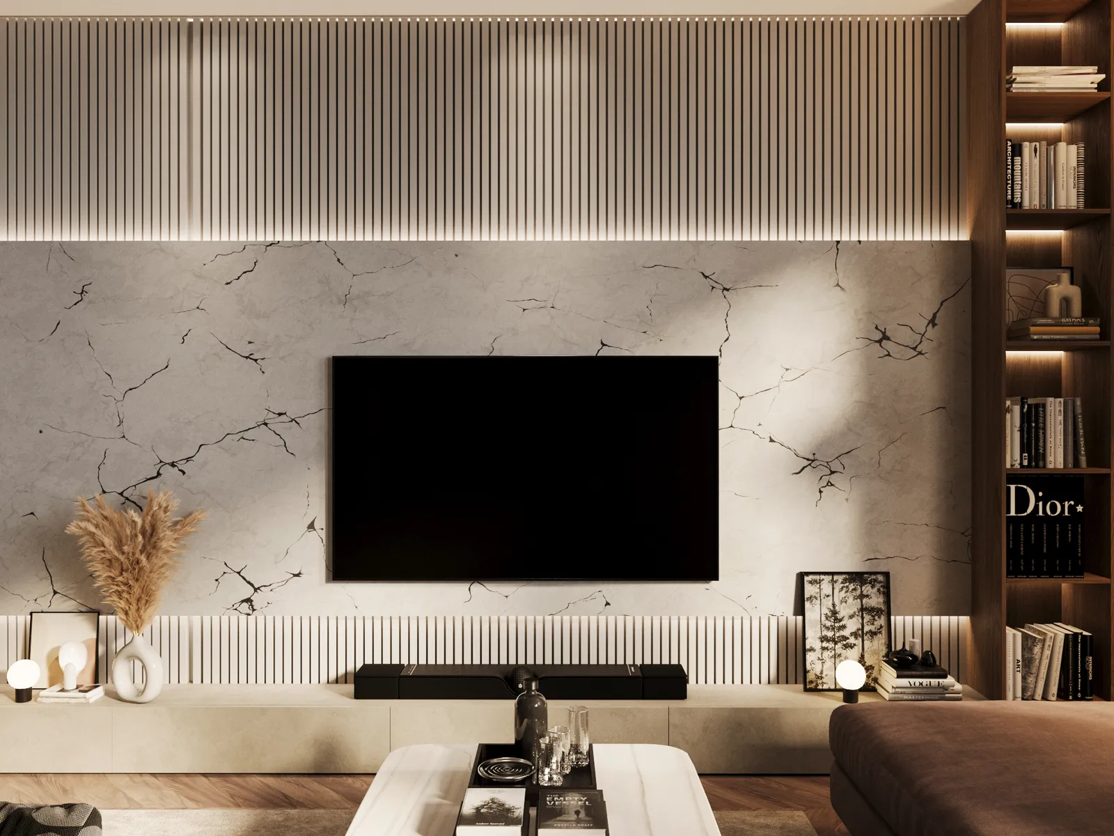 Modern living room media center featuring a black television mounted on a light gray cracked marble wall, flanked by white vertical paneling and a dark wood built-in bookshelf.