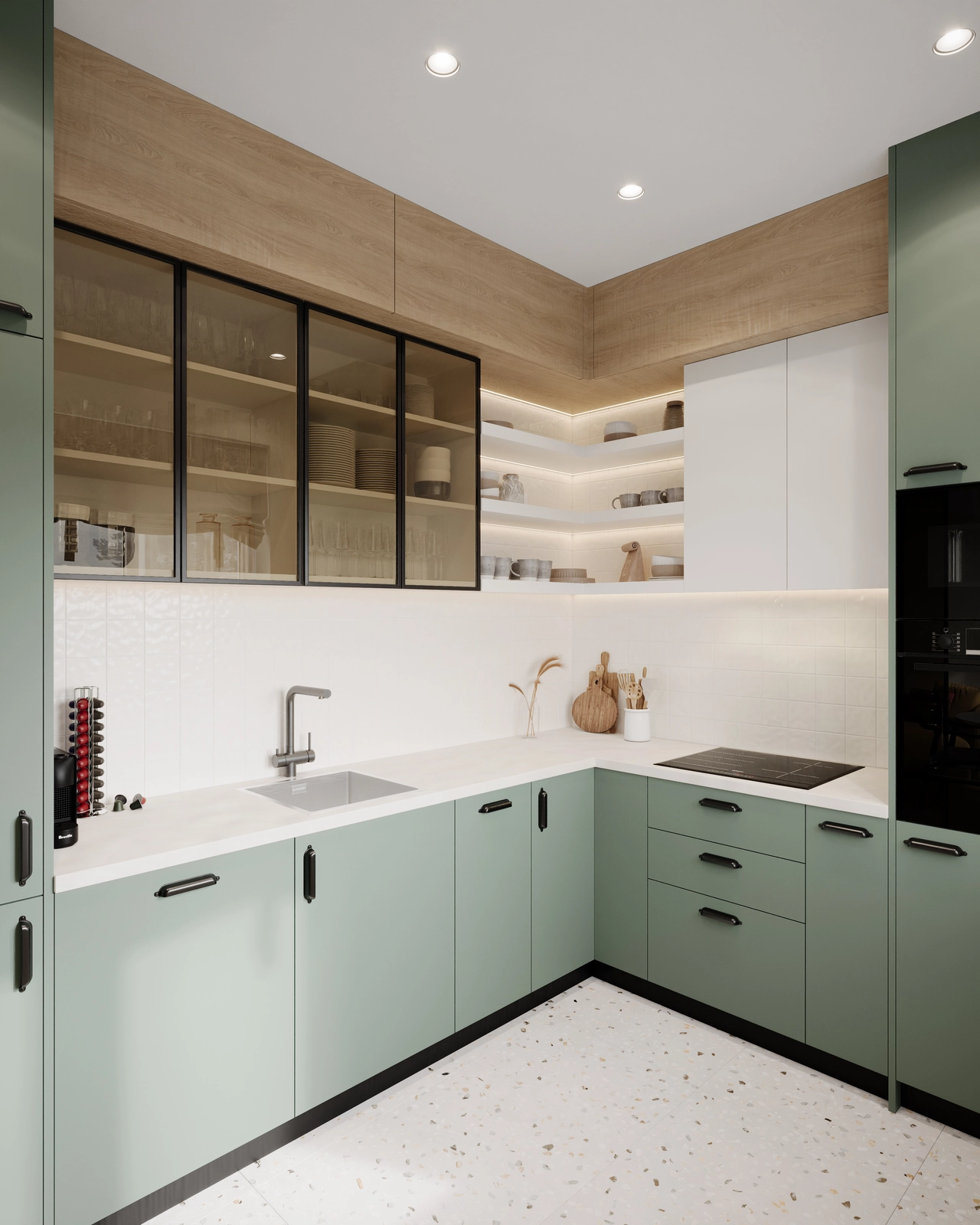 Bucătărie modernă, cu dulapuri de culoare verde salvie, mânere negre și blaturi albe. Rafturile deschise, cu obiecte decorative, și lambriurile din lemn conferă căldură. Stil minimalist și aerisit.