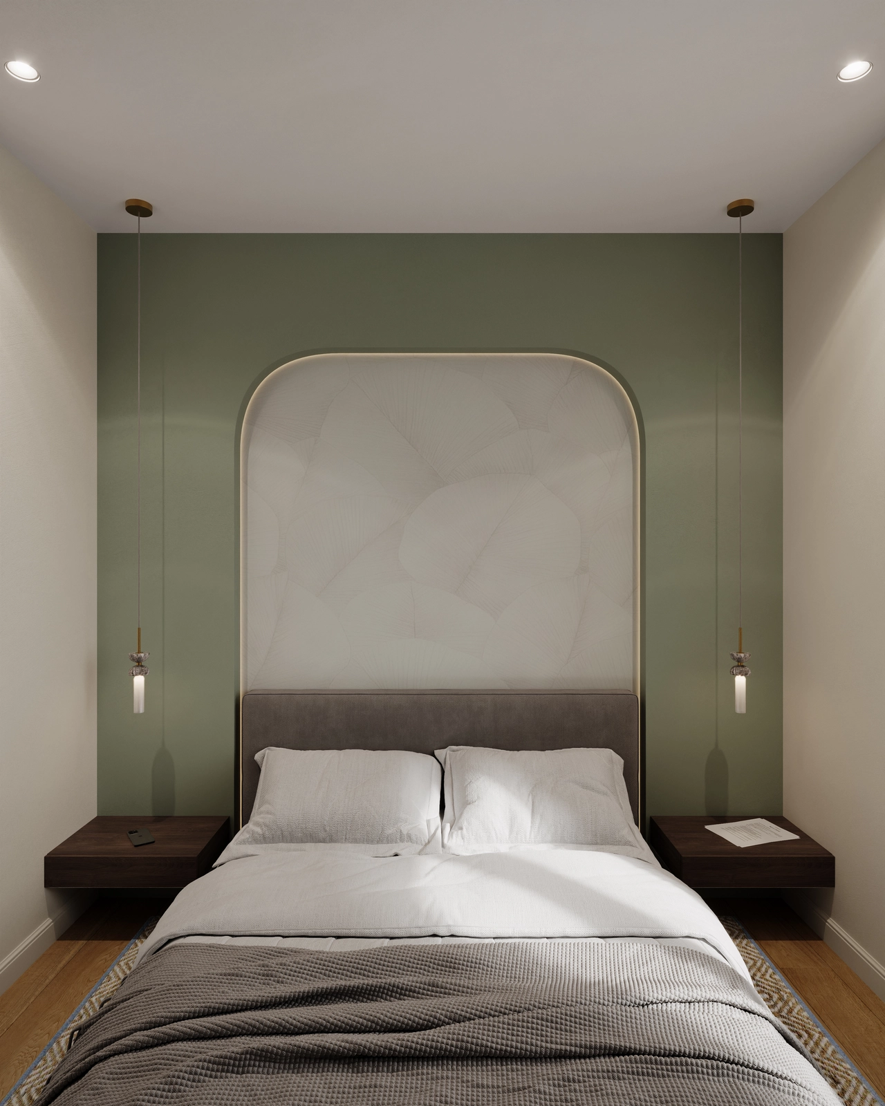 Un dormitor modern, dotat cu un pat dublu cu lenjerie de pat gri, noptiere minimaliste cu corpuri de iluminat și un perete de accent verde, cu un motiv în formă de arc deasupra patului.