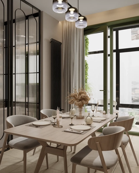 Modern dining area featuring a light wood table set for six, complemented by gray upholstered chairs, a ribbed glass partition, and pendant lighting overlooking a cityscape view.