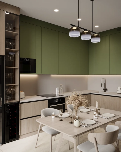 Modern kitchen design featuring olive green upper cabinets, light wood lower cabinets, a dining table set for four, and a wine cooler display.