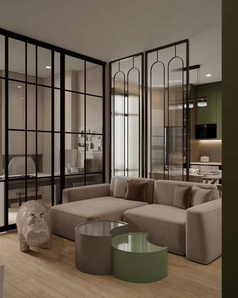 Living room in desaturated green and pink tones, Durazno project, a 74 m² apartment in Moscow